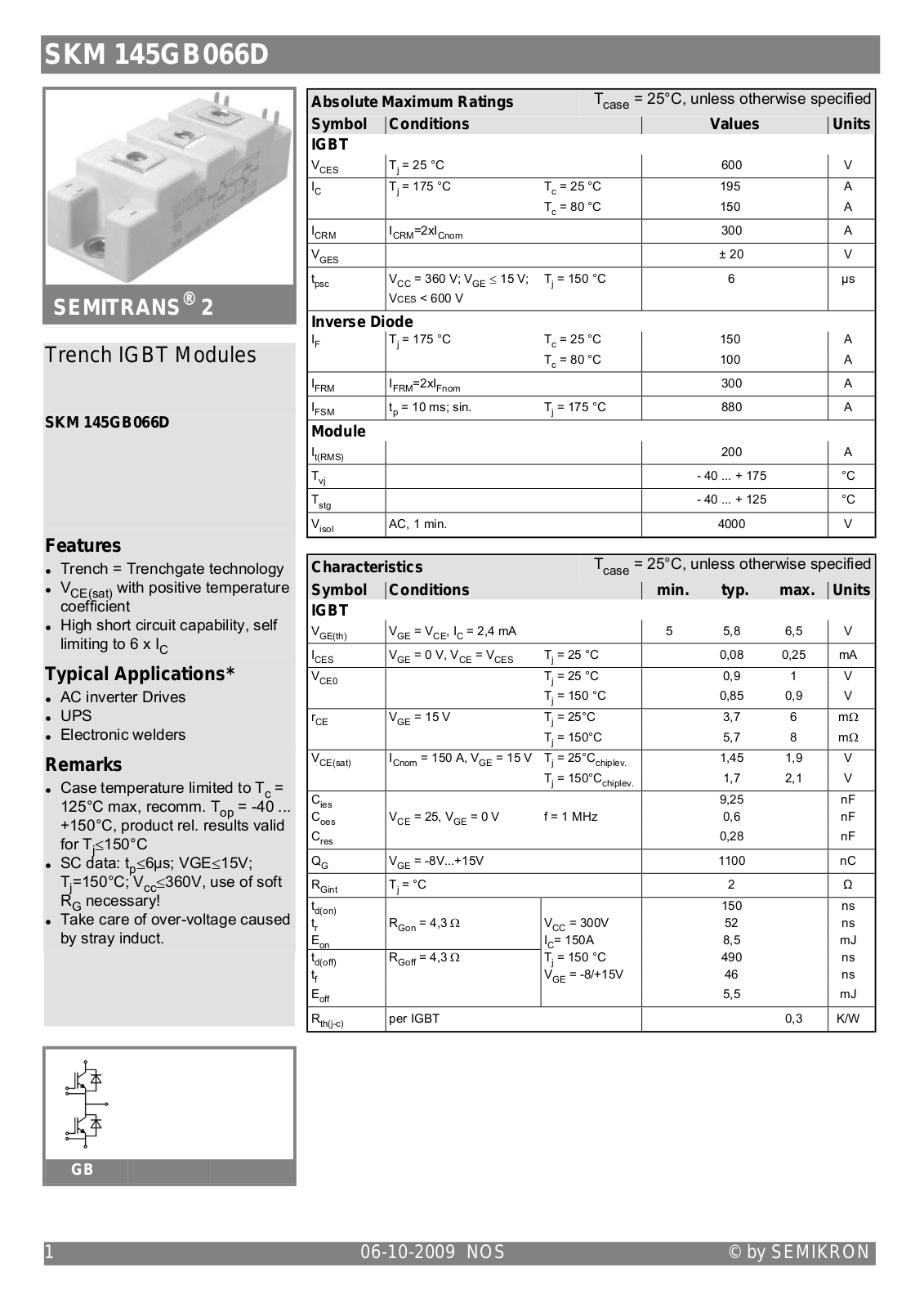 Semikron SKM145GB066D Data Sheet