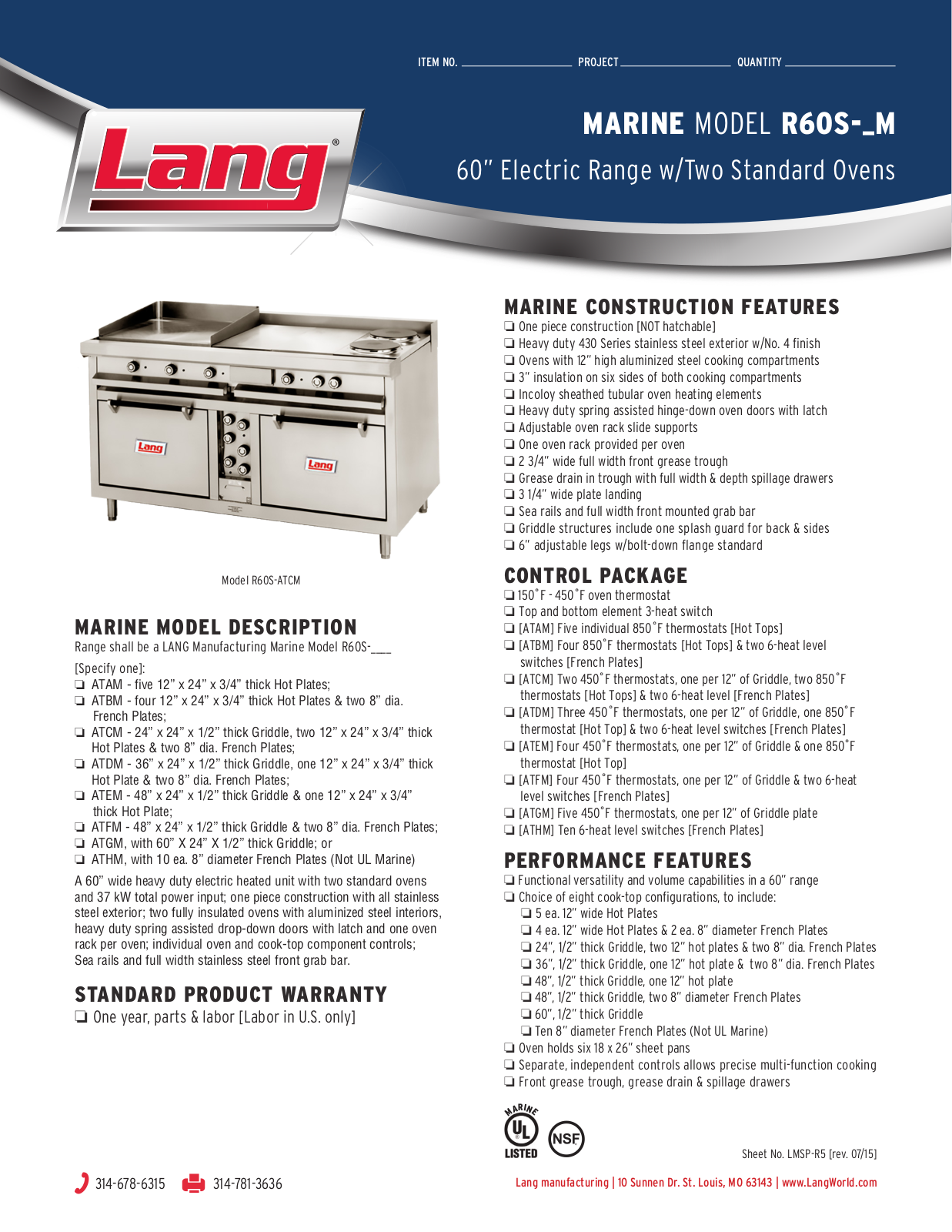 Lang Manufacturing R60S-ATAM User Manual