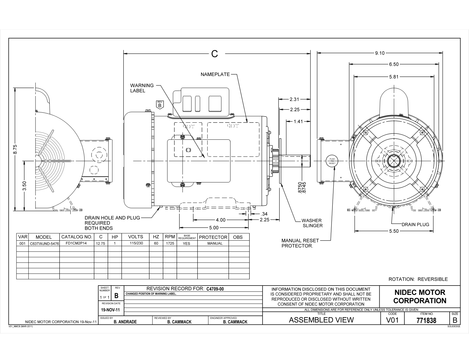 US Motors FD1CM2P14 Dimensional Sheet