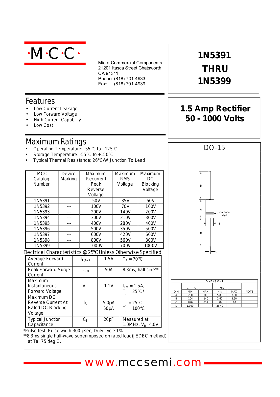 MCC 1N5399B, 1N5398B, 1N5397B, 1N5395B, 1N5393B Datasheet