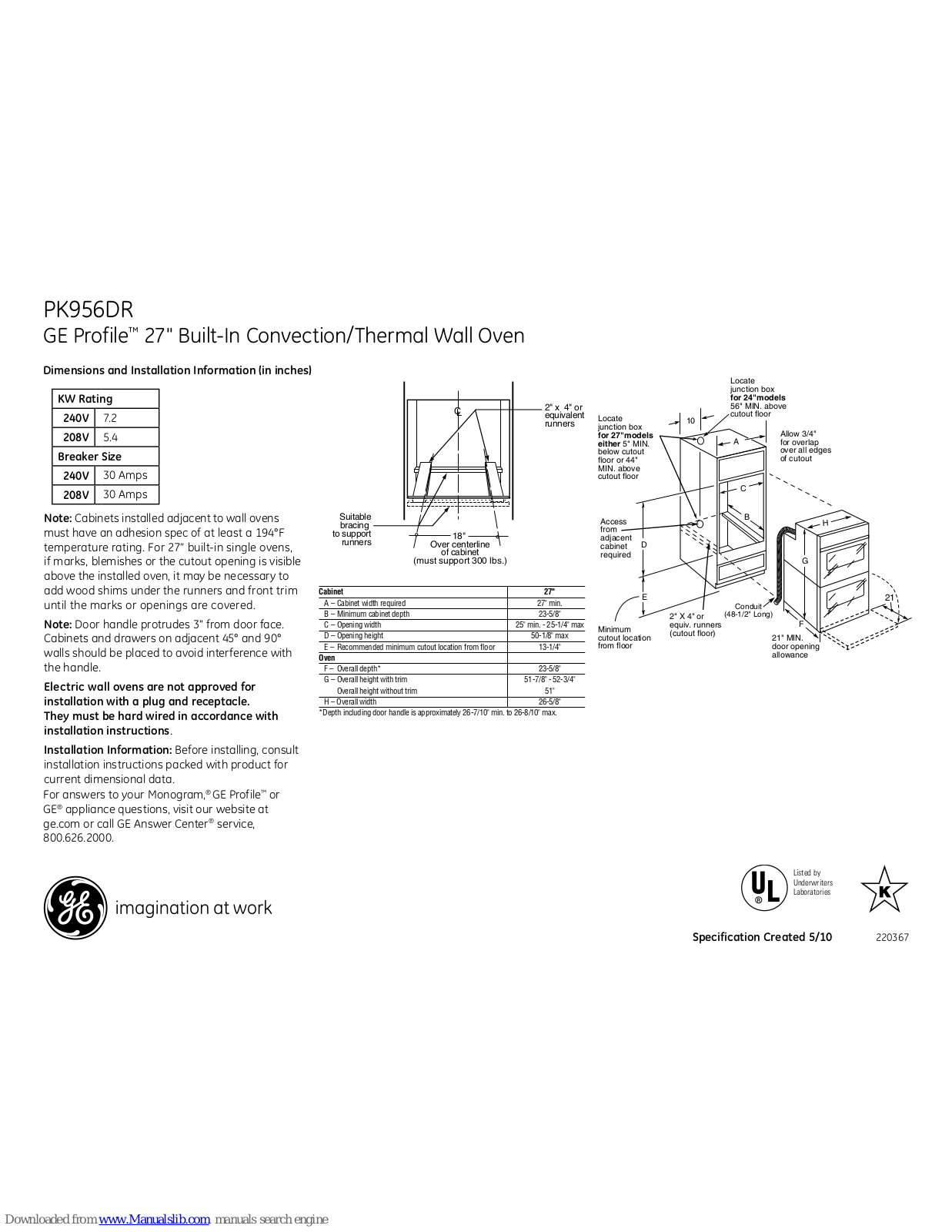 GE Profile PK956DR, Profile PK956DRBB, Profile PK956DRCC, Profile PK956DRWW Dimensions And Installation Information