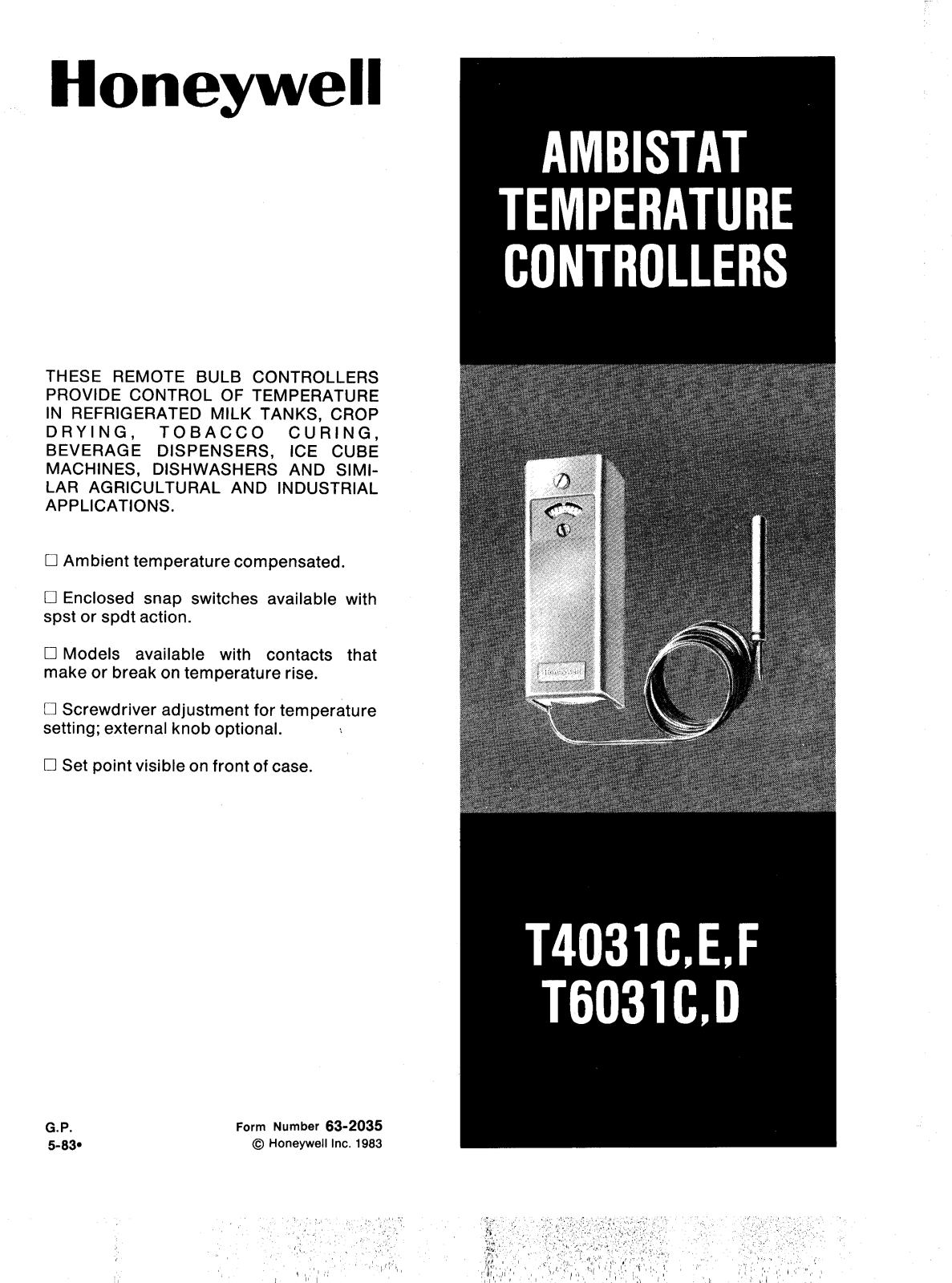 Honeywell T4031C, T4031E, T4031F, T4061C, T4061D Product Information Sheet