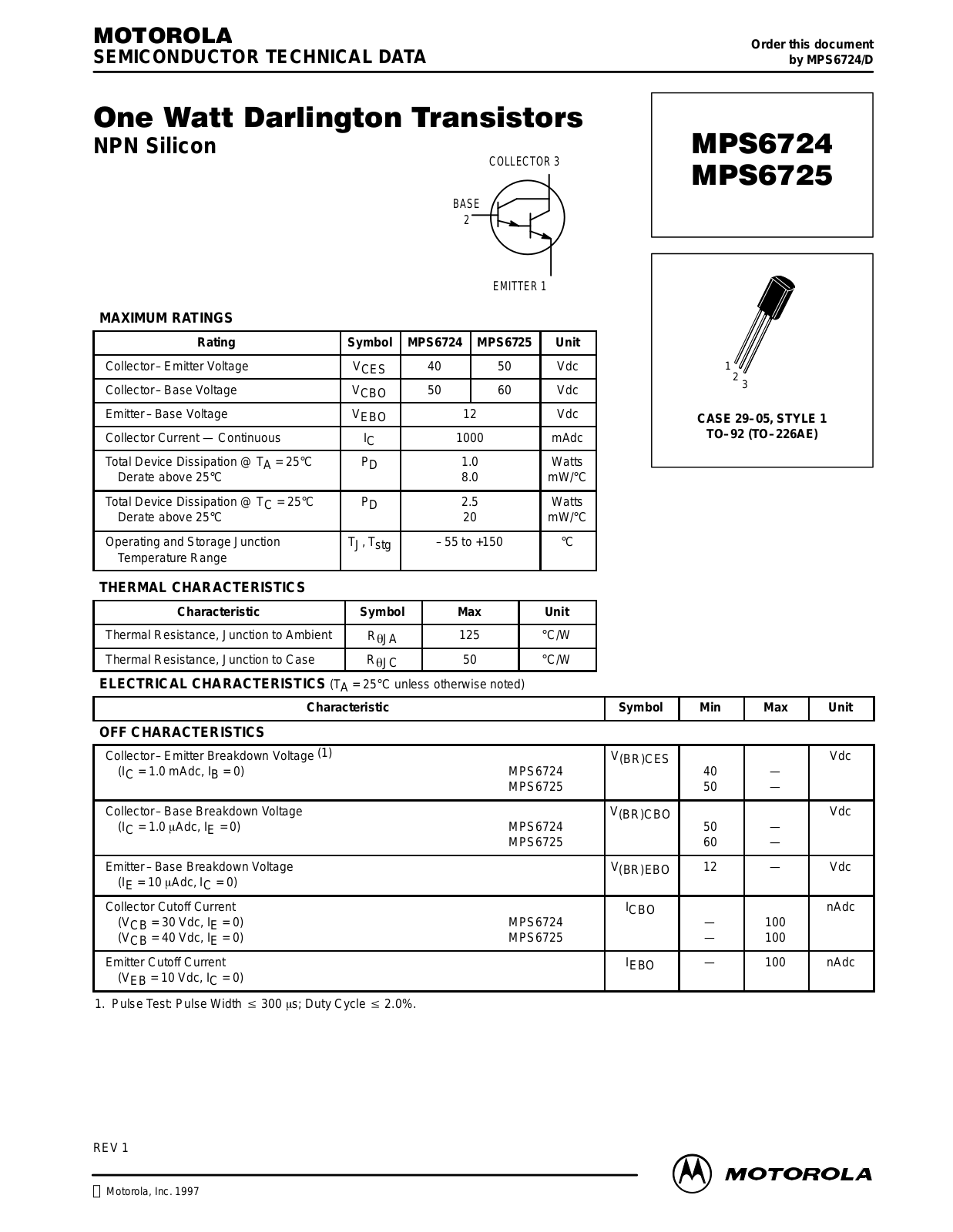 MOTOROLA MPS6724, MPS6725, MPS6725RLRP, MPS6724RLRA Datasheet