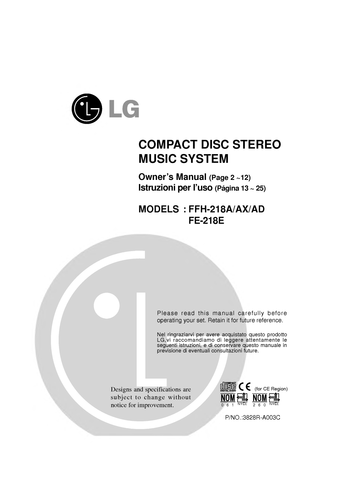 Lg FFH-218A, FFH-218AH, FFH218AD, FE-218E Owners Manual