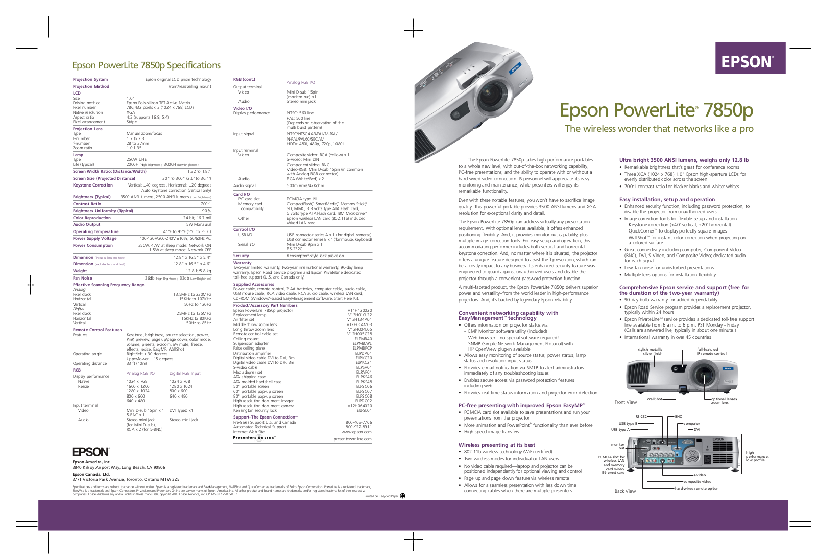 Epson PowerLite 7850p, PowerLite 7850pNL Product Brochure