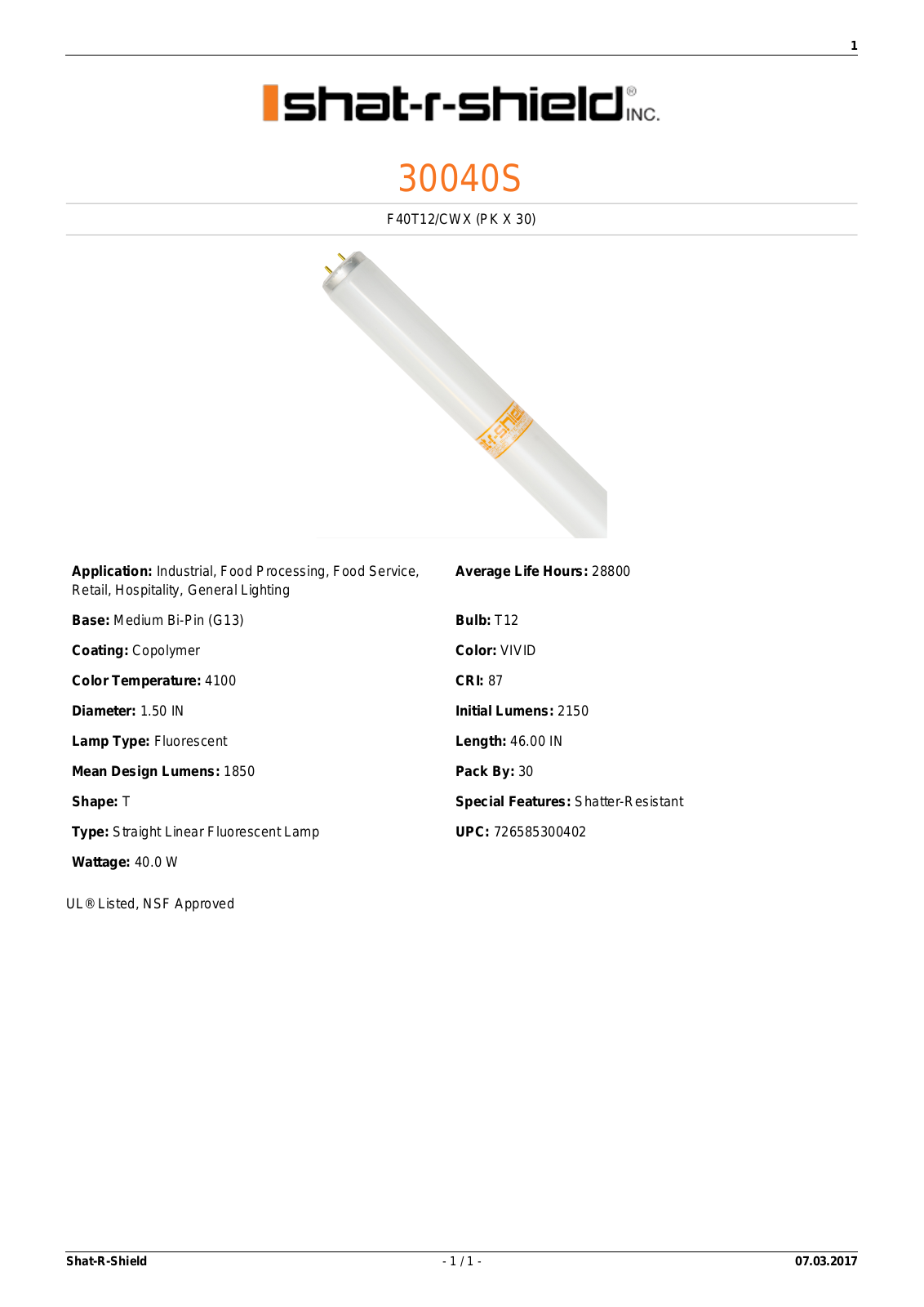 Shat-R-Shield 30040S Data sheet