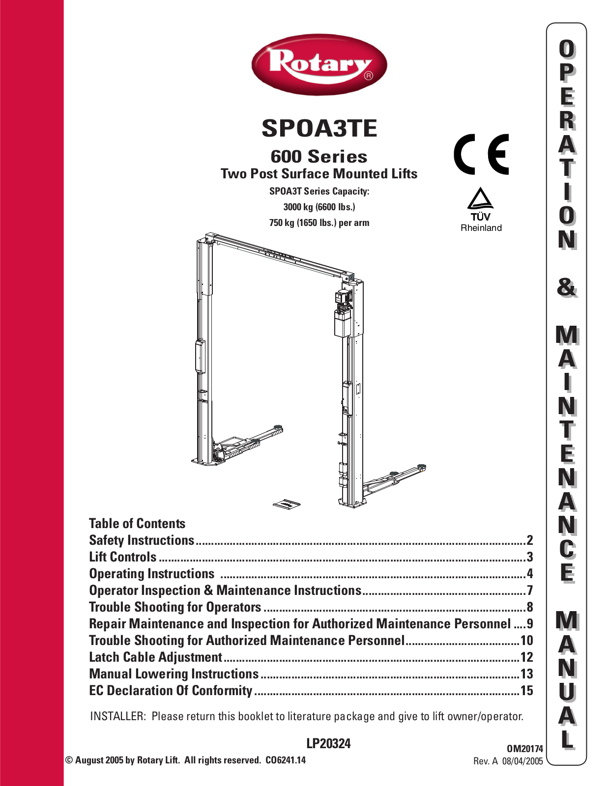 Rotary 600 Series, SPOA3T Series Operation & Maintenance Manual