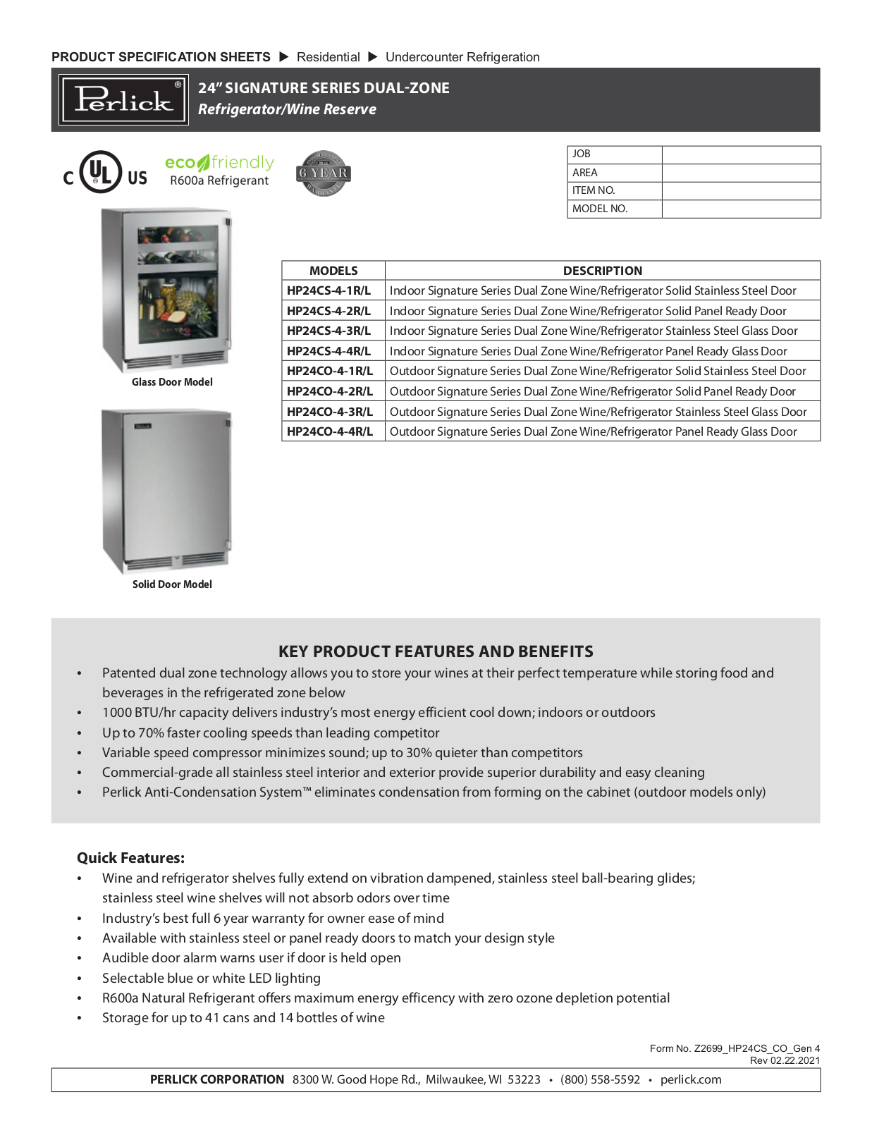 Perlick HP24CS-4-1R, HP24CS-4-2R, HP24CS-4-3R, HP24CS-4-4R, HP24CO-4-1R Specification Sheet