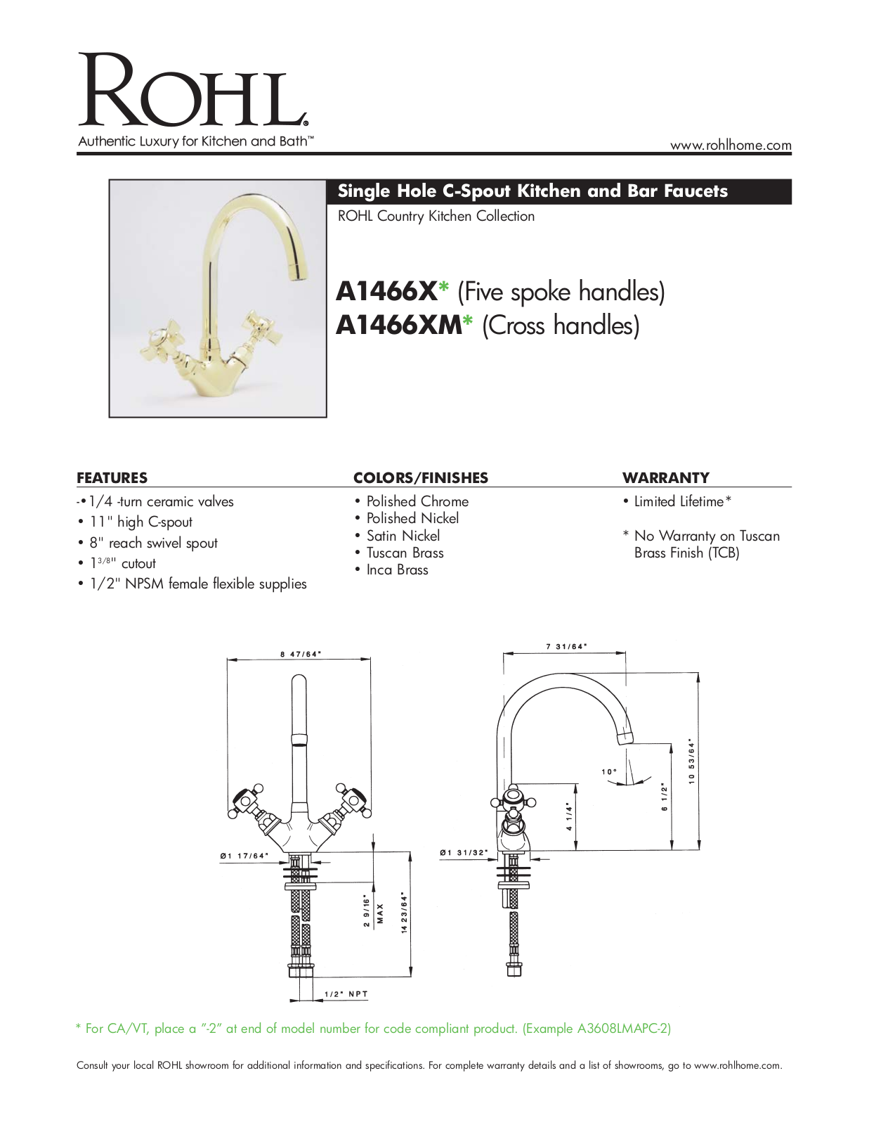 Rohl A1466XMSTN2 Specs