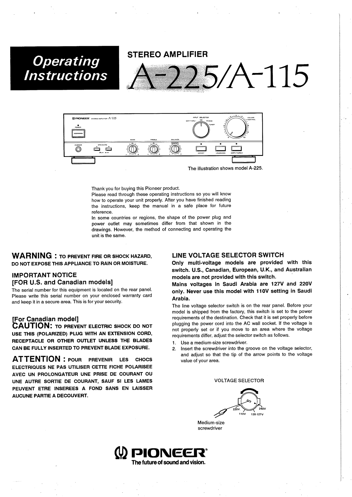 Pioneer A-225, A-115 Owners manual