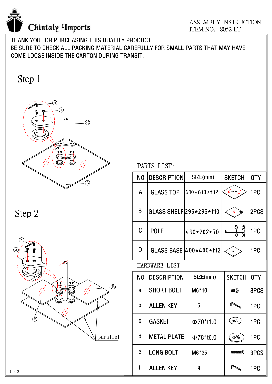 Chintaly 8052LTCLR Assembly Guide