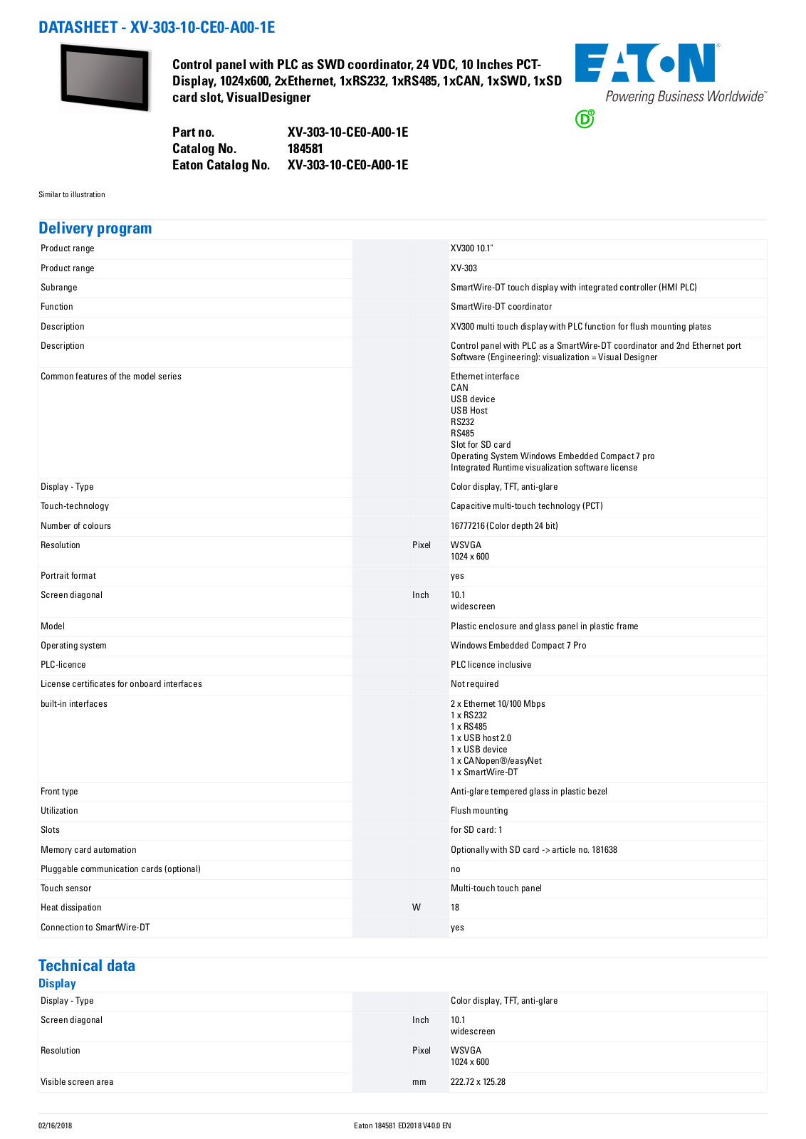 Cutler Hammer, Div of Eaton Corp XV-303-10-CE0-A00-1E Data Sheet