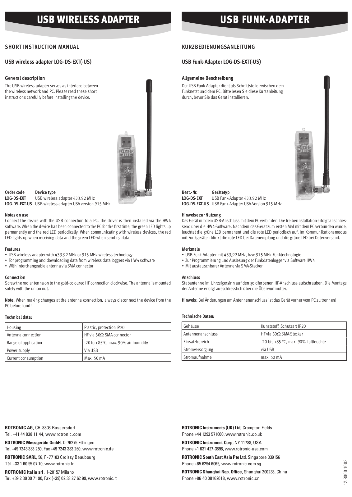 Rotronic LOG-DS-EXT, LOG-DS-EXT-US Short Instruction Manual