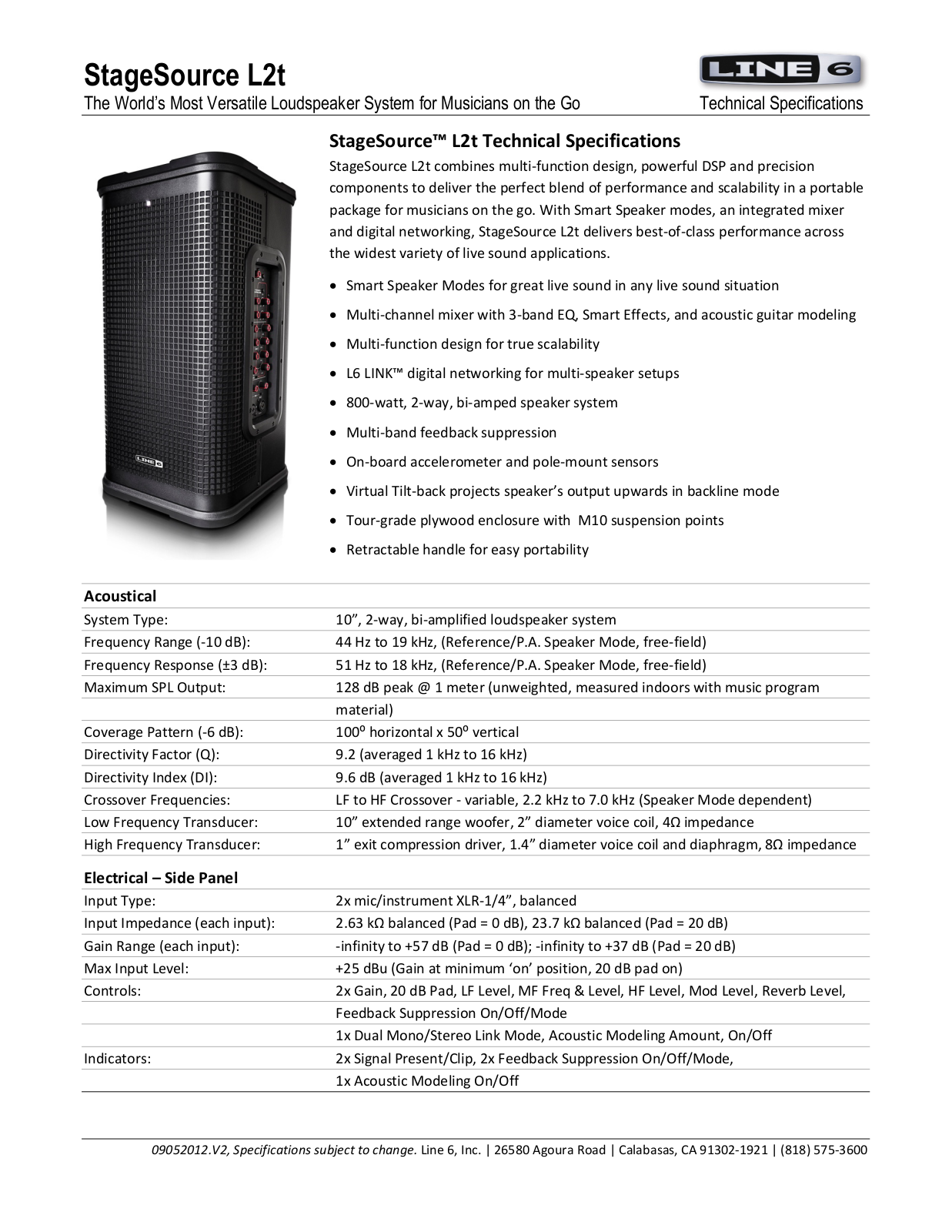 Line6 StageSource L2T Technical Specifications