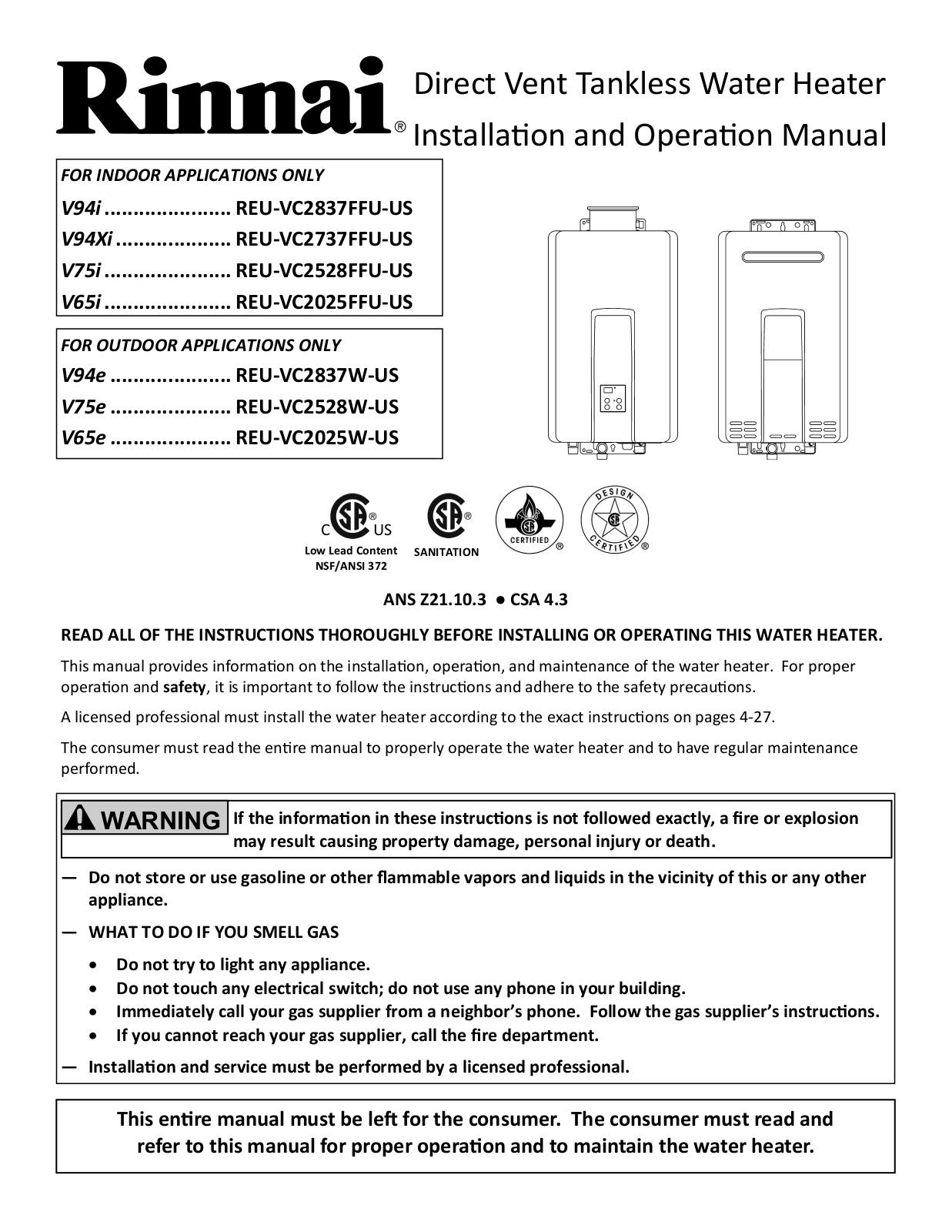 Rinnai REU-VC2837FFU-US, . REU-VC2025FFU-US, REU-VC2837W-US, REU-VC2528W-US, REU-VC2737FFU-US Installation And Operation Manual