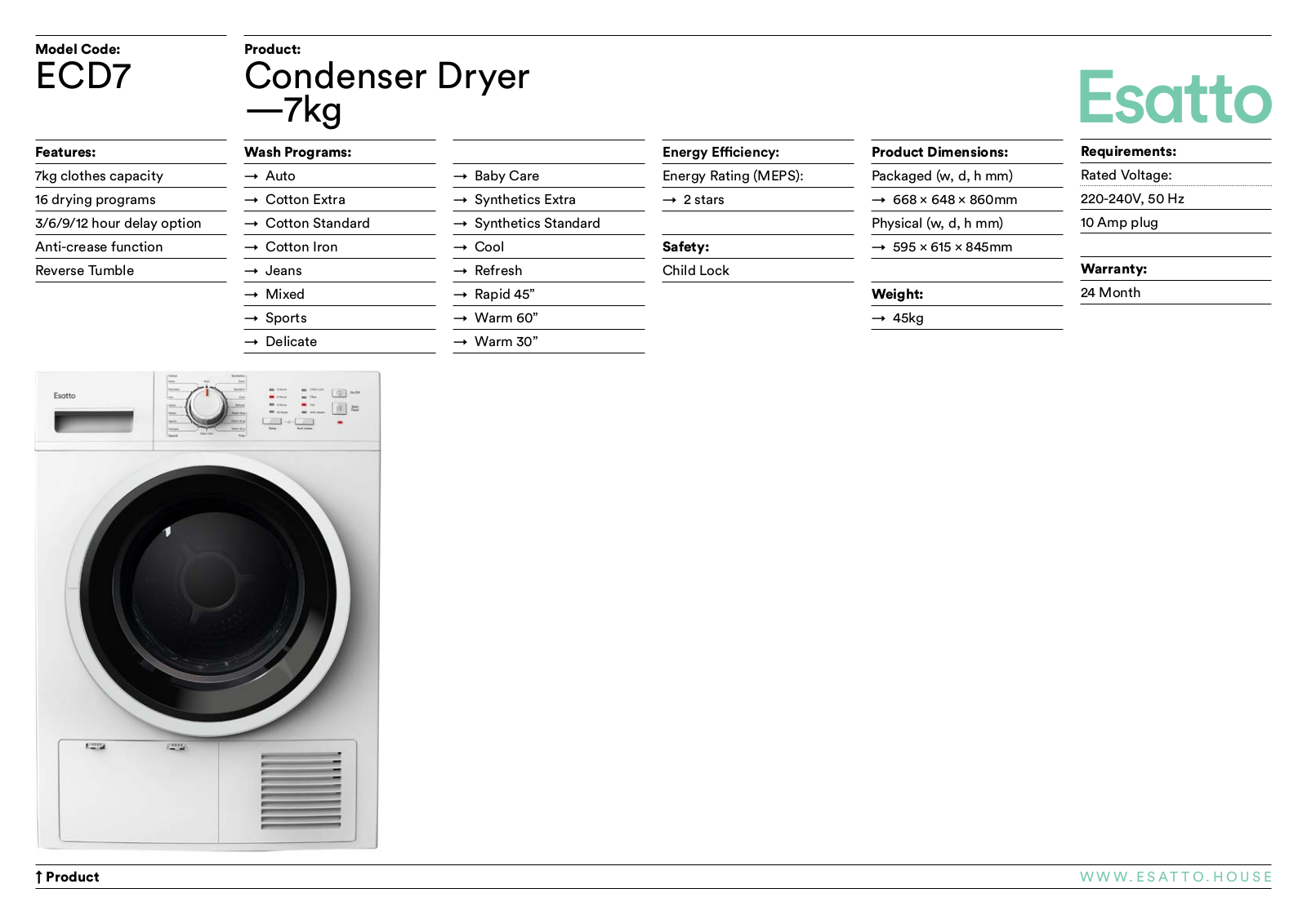 Esatto ECD7 Specifications Sheet