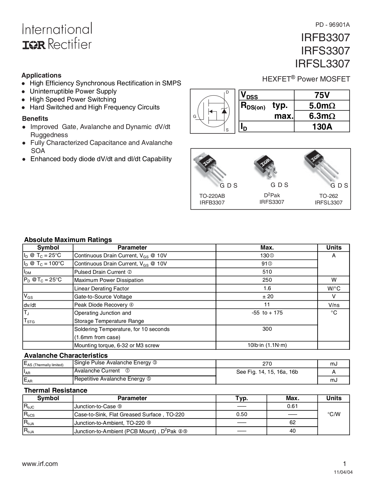 International Rrectifier IRFB3307 User Manual