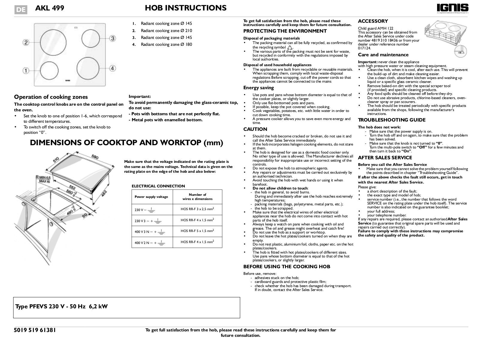 Whirlpool AKL 499/NE/01 PROGRAM CHART