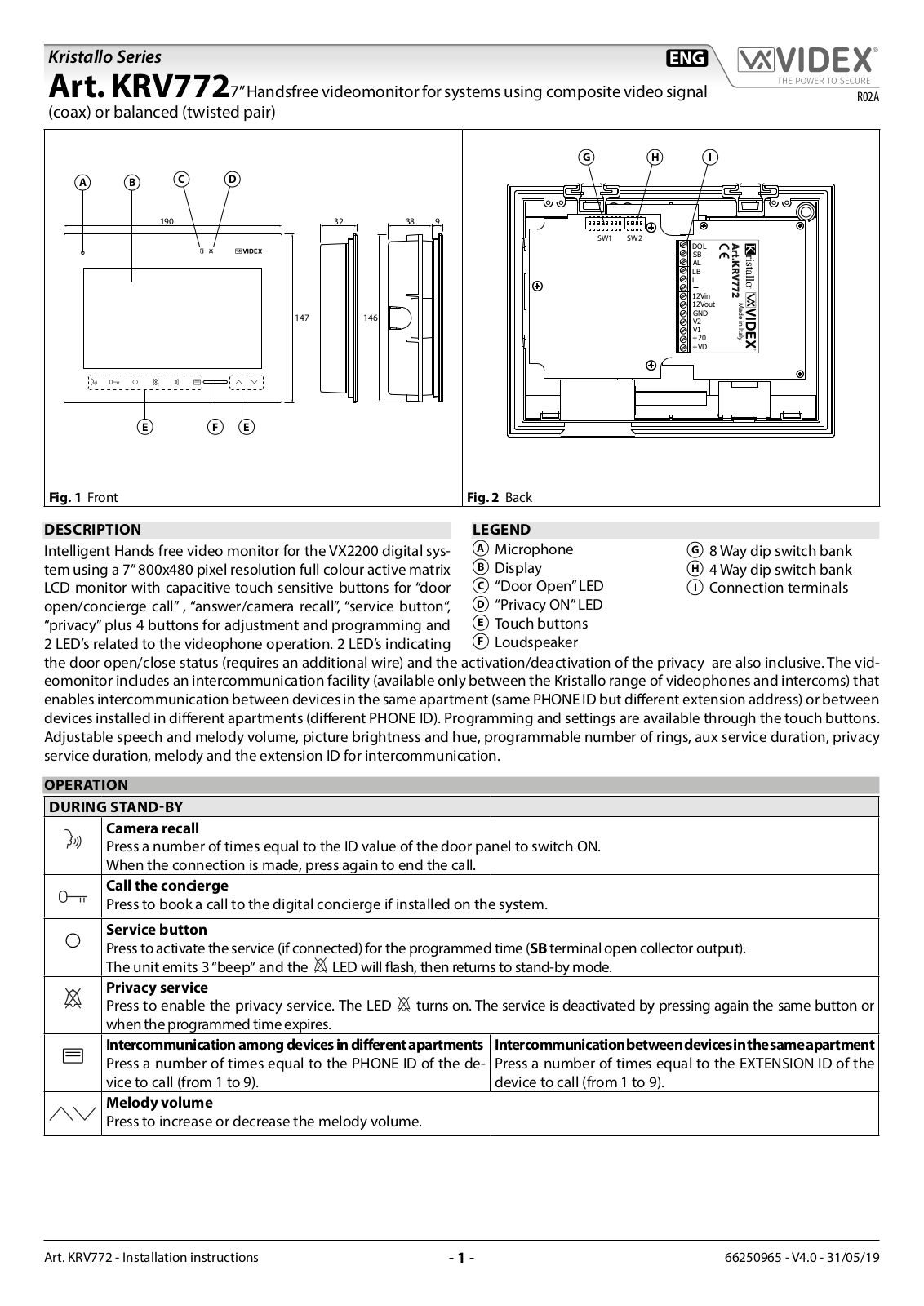 Videx Security KRV772W User Manual