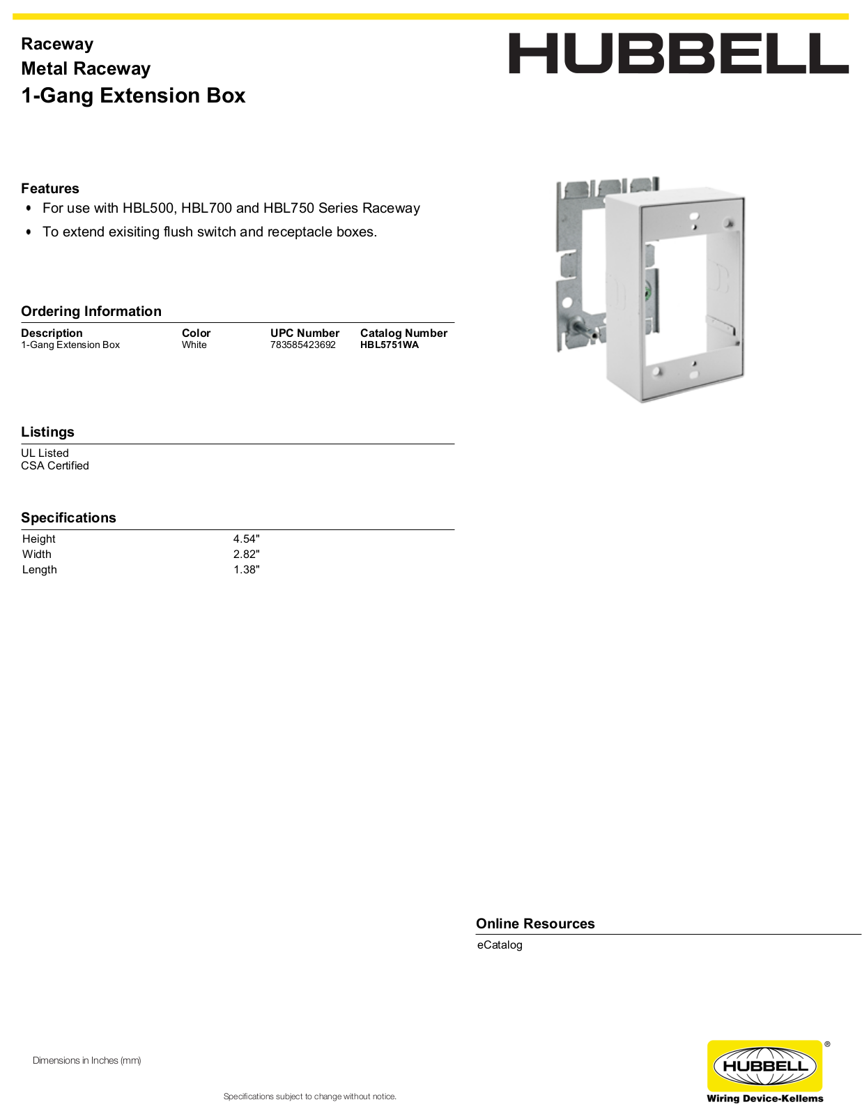 Hubbell HBL5751WA Specifications