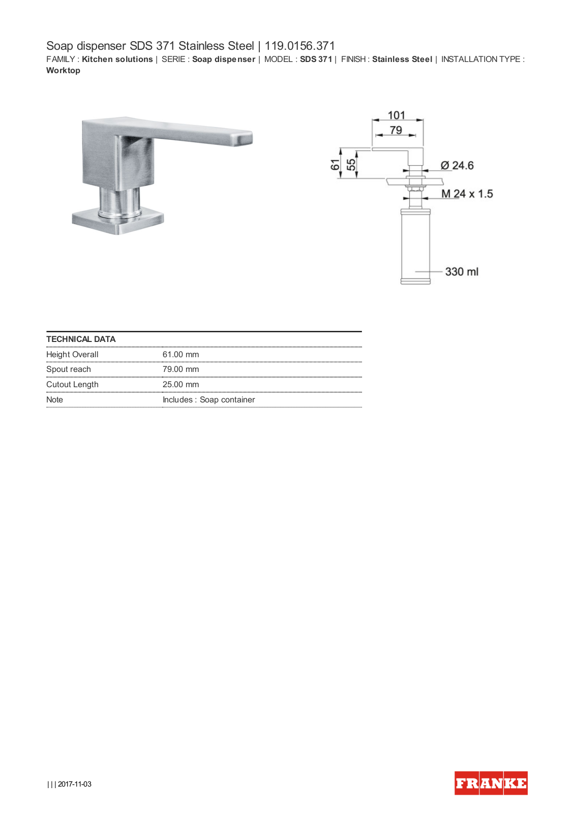 Franke SDS371 Specifications Sheet