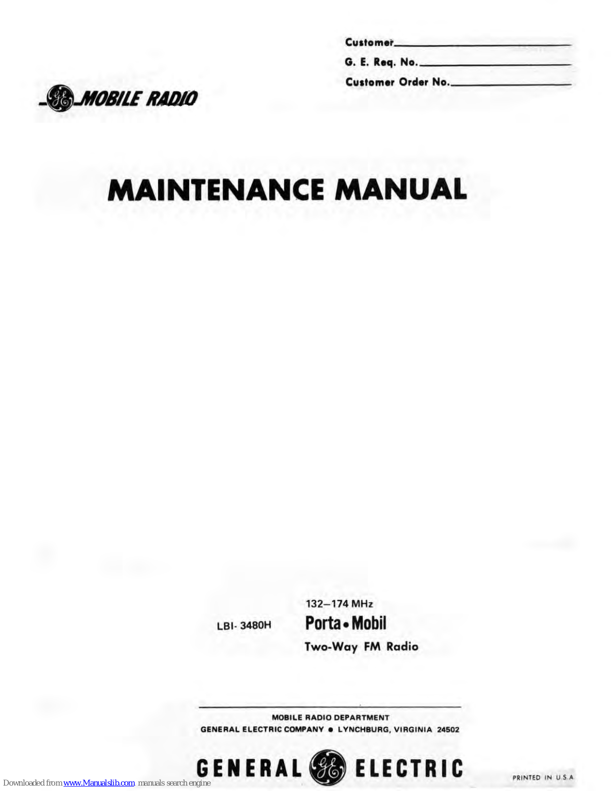 GE Porta Mobil LBI-3480H Maintenance Manual