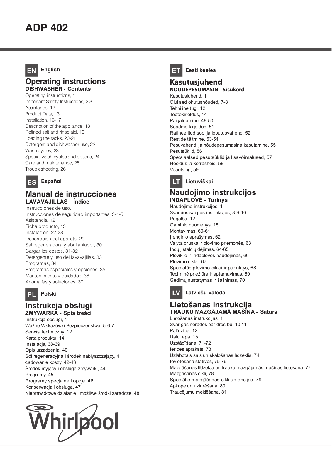 WHIRLPOOL ADP 402 WH User Manual