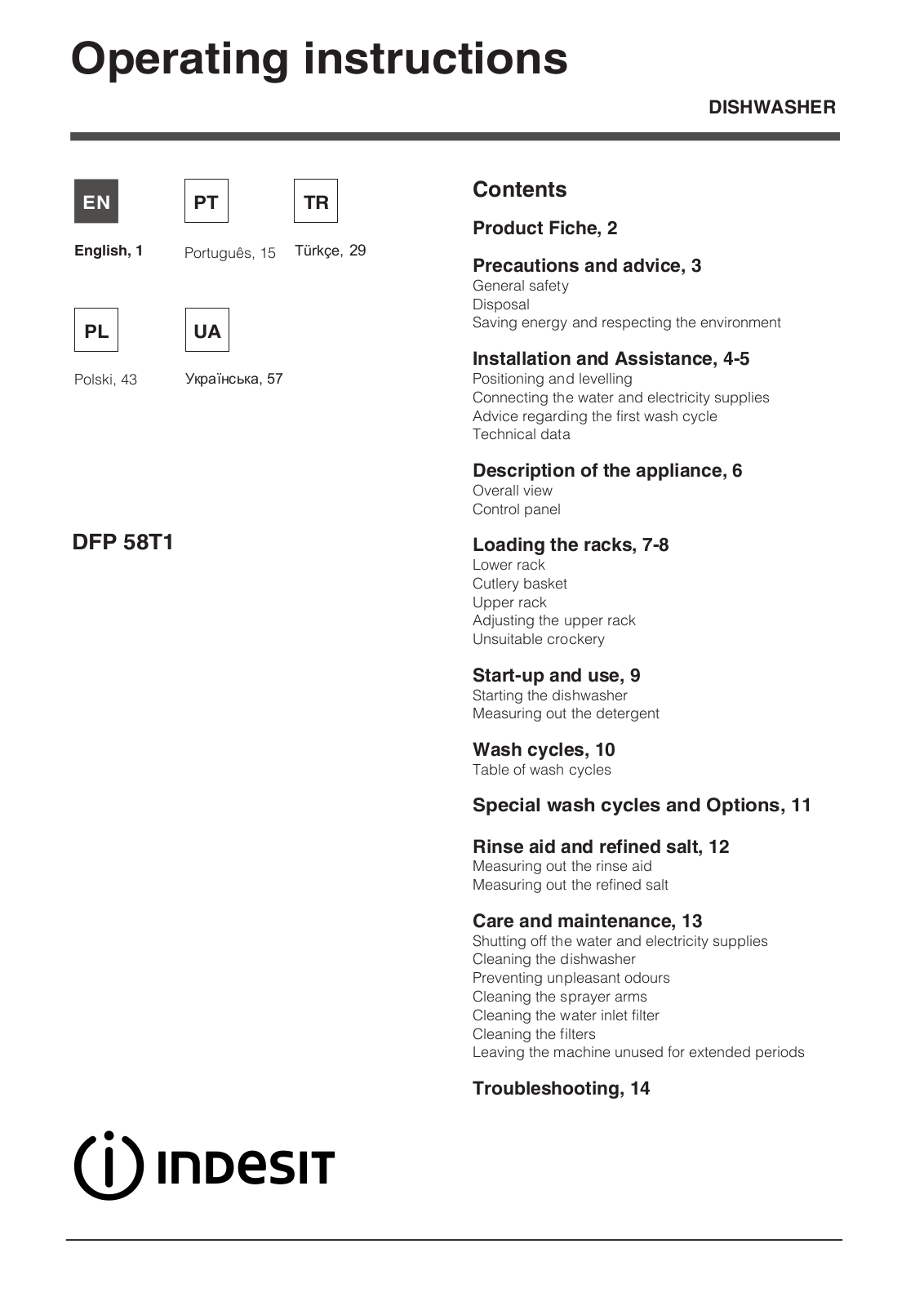 Indesit DFP 58T1 EU Operating Instructions