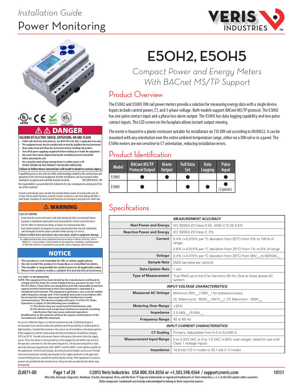 Veris E50H5 Installation Instructions