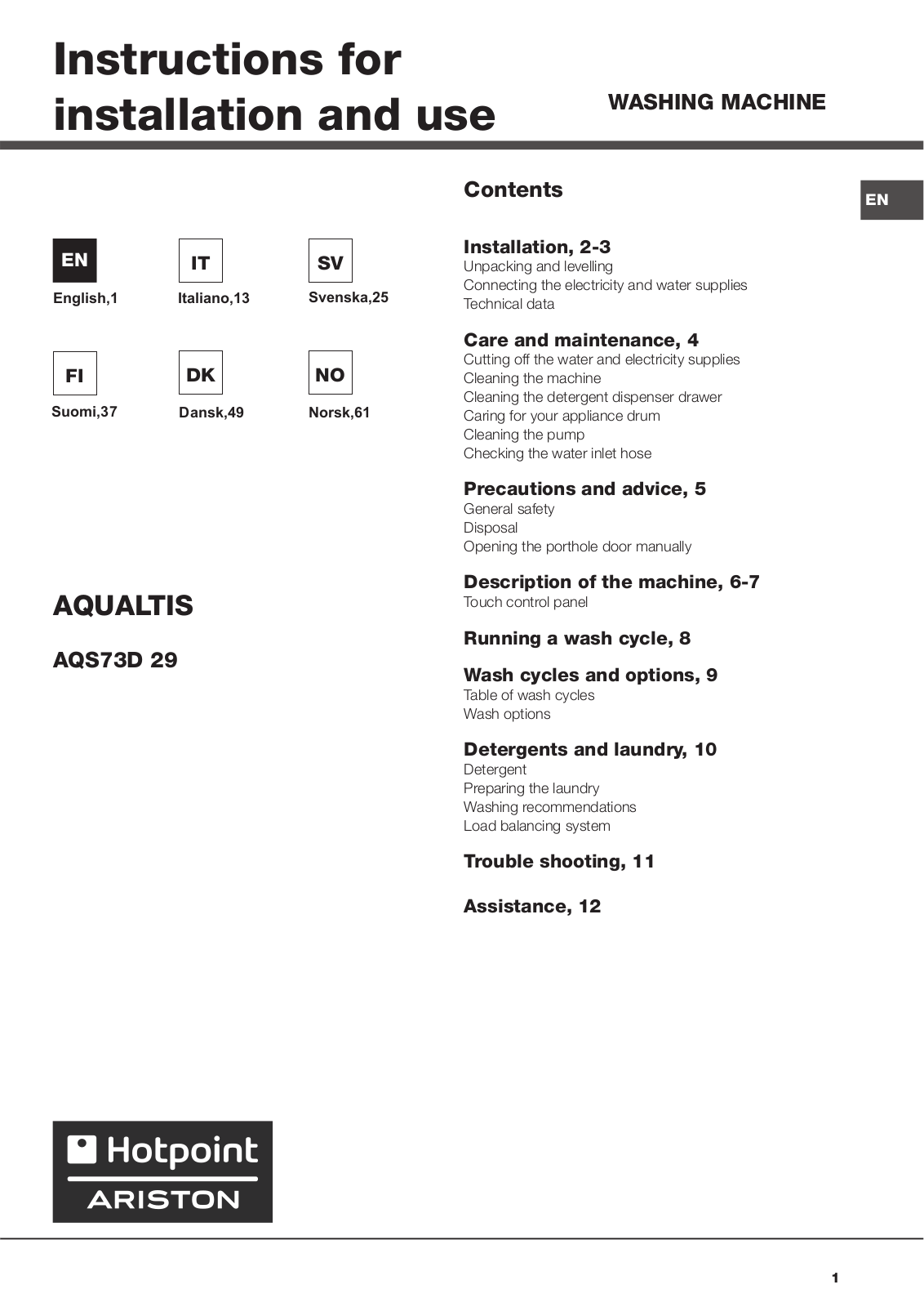 Hotpoint-Ariston AQS73D 29 User Manual