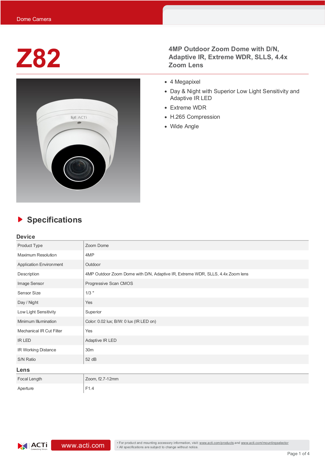 ACTi Z82 Specsheet