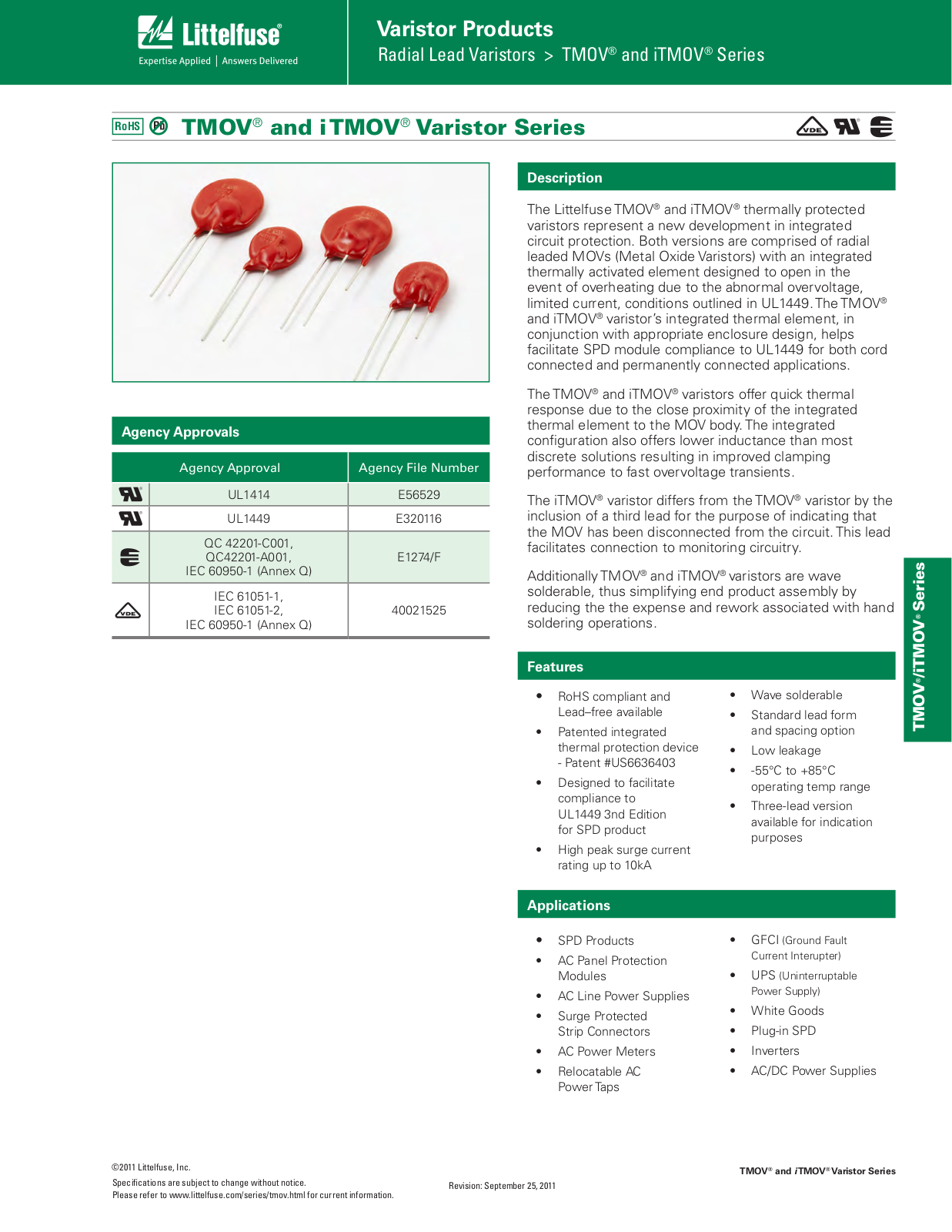 Littelfuse TMOV Series, iTMOV Series Catalog Page