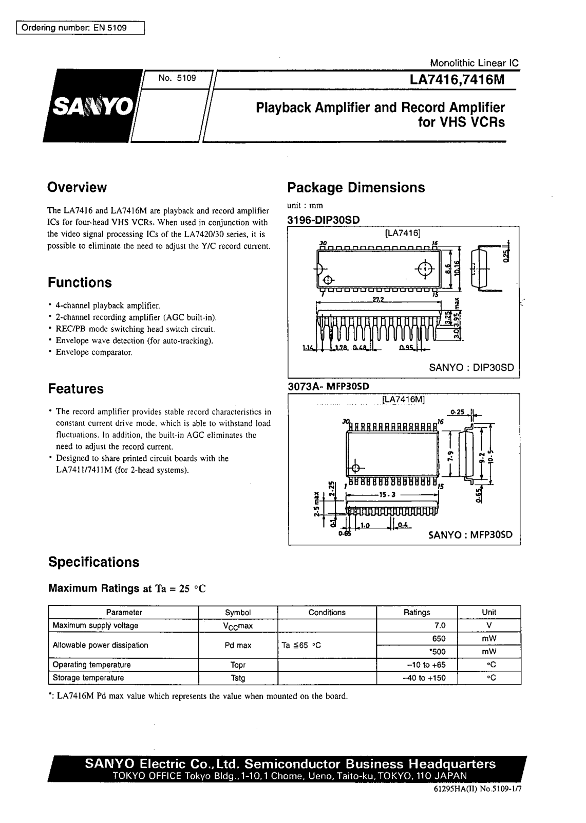 SANYO LA7416M, LA7416 Datasheet