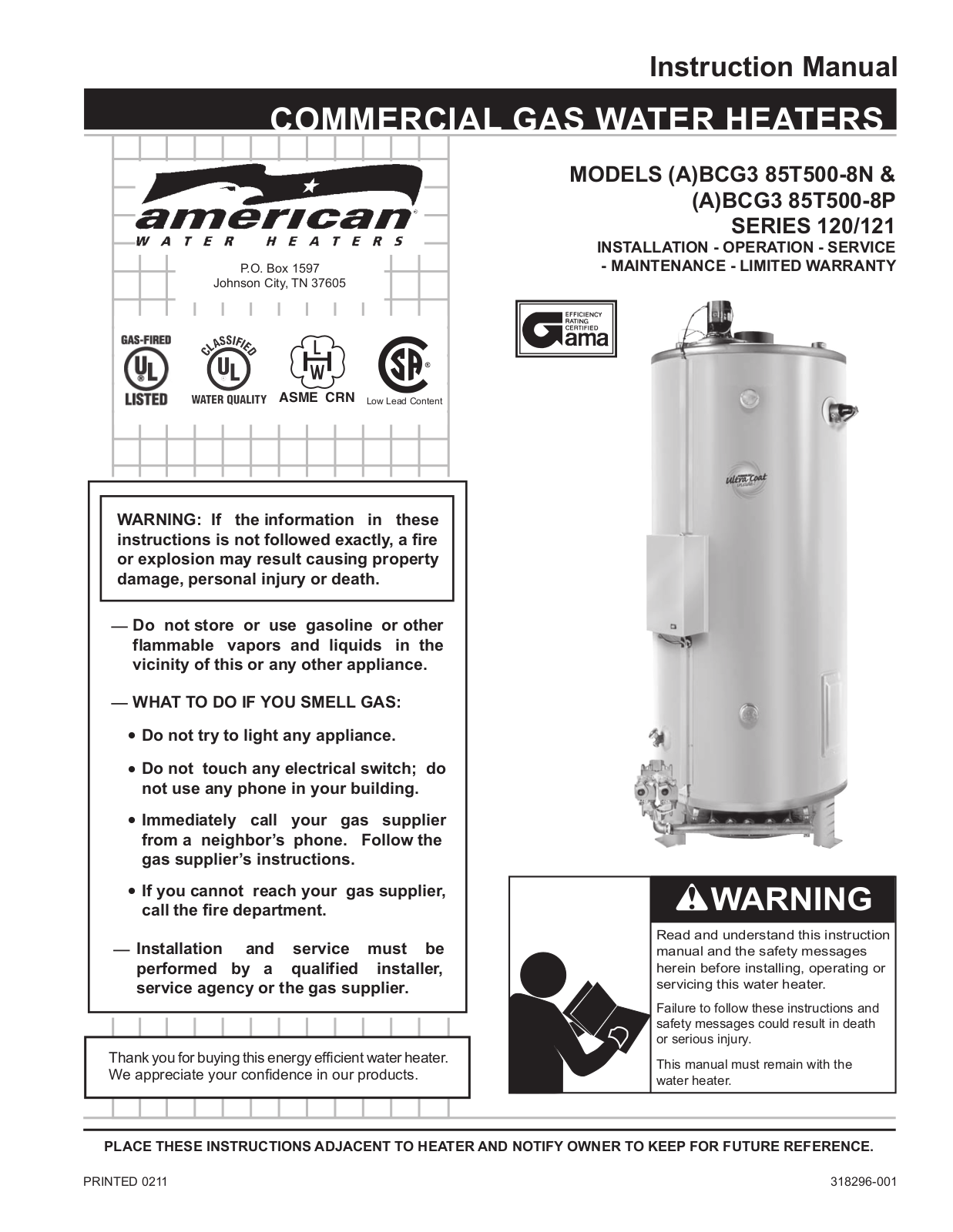 American Water Heater ABCG3 85T500-8P, ABCG385T500-8N User Manual