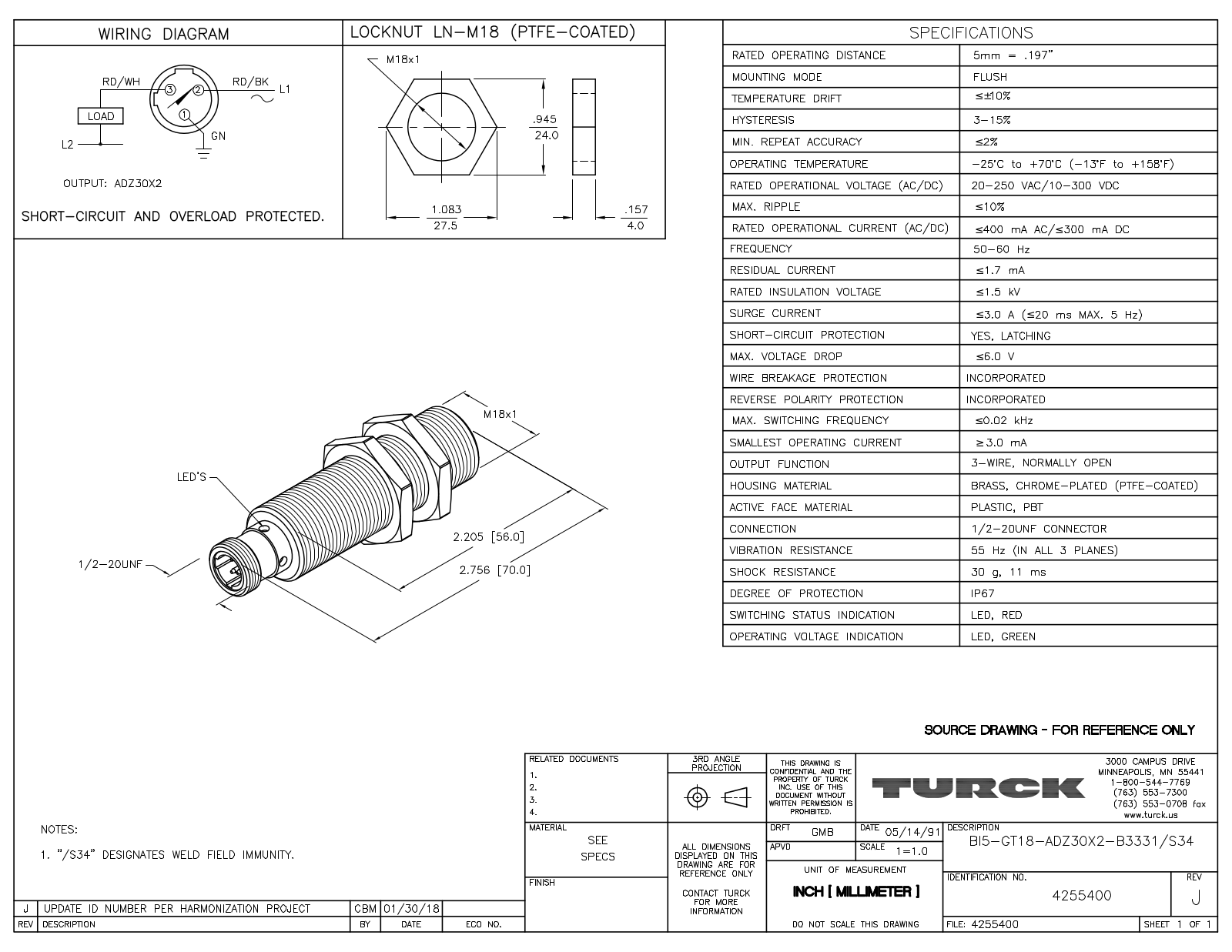 Turck BI5-GT18-ADZ30X2-B3331S34 Data Sheet