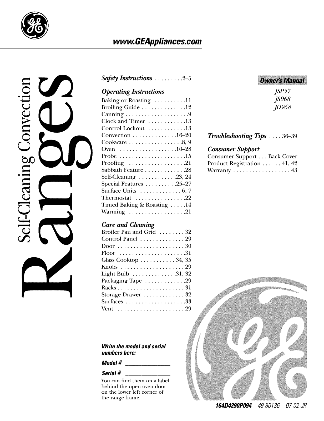 GE JSP57WF2WW, JSP57CF2CC, JSP57BF2BB, JS968TF2WW, JS968TF1WW Owner’s Manual - ManualMachine.com