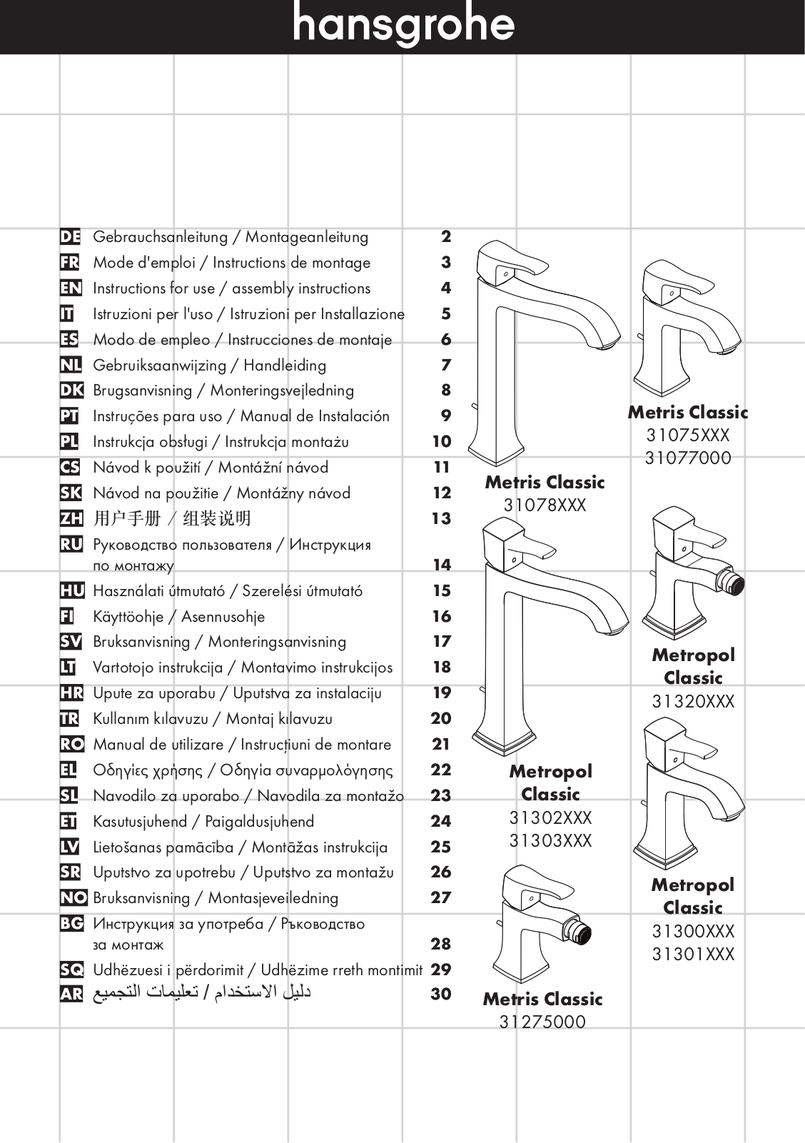 Hansgrohe 31275000, 31075000, 31078000, 31301000, 31320000 User Manual