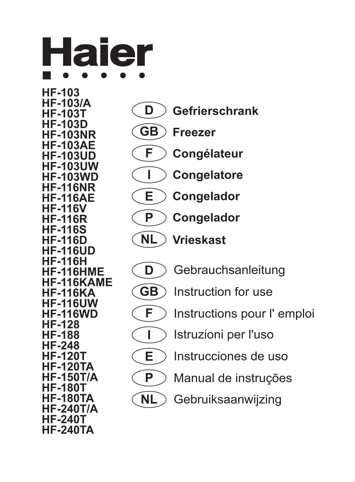 Haier HF-116S, HF-116UD, HF-103-A, HF-103, HF-240TA User Manual