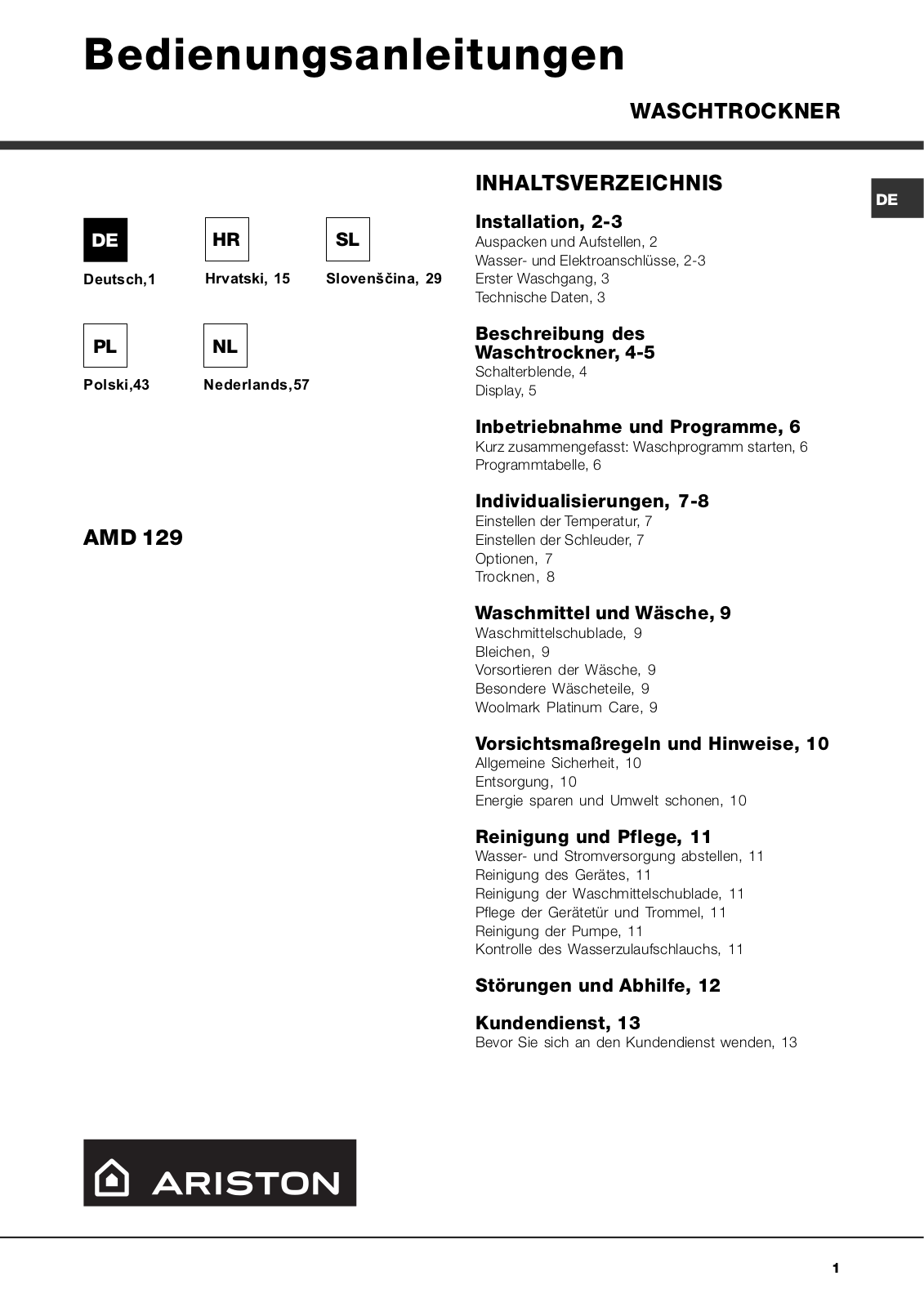 Hotpoint Ariston AMD 129 User Manual