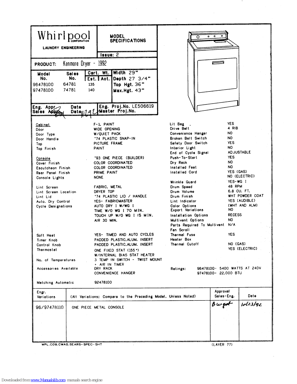 Kenmore 96478100, 97478100 Specifications - ManualMachine.com