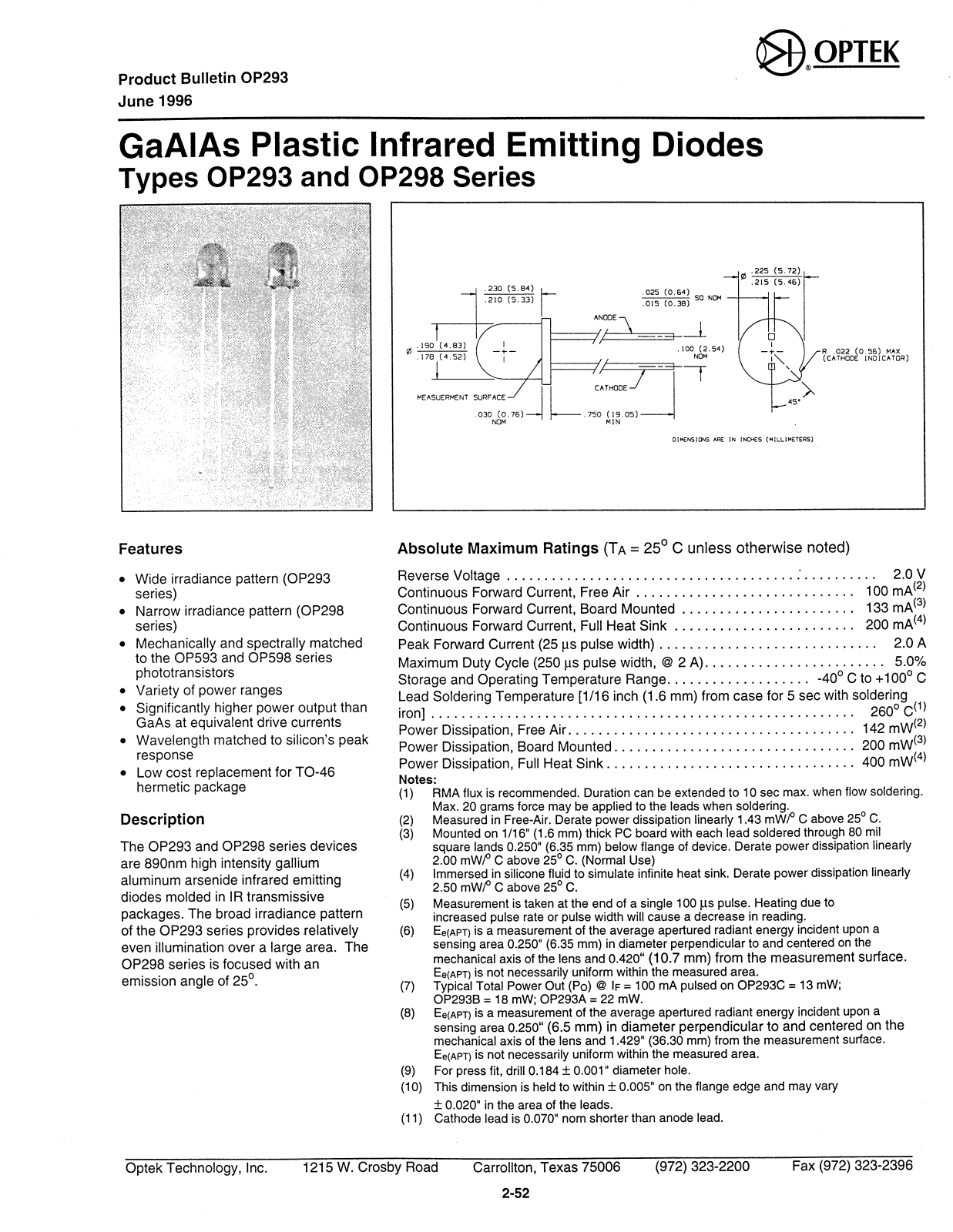 OPTEK OP293, OP293C, OP298C, OP298B, OP298 Datasheet