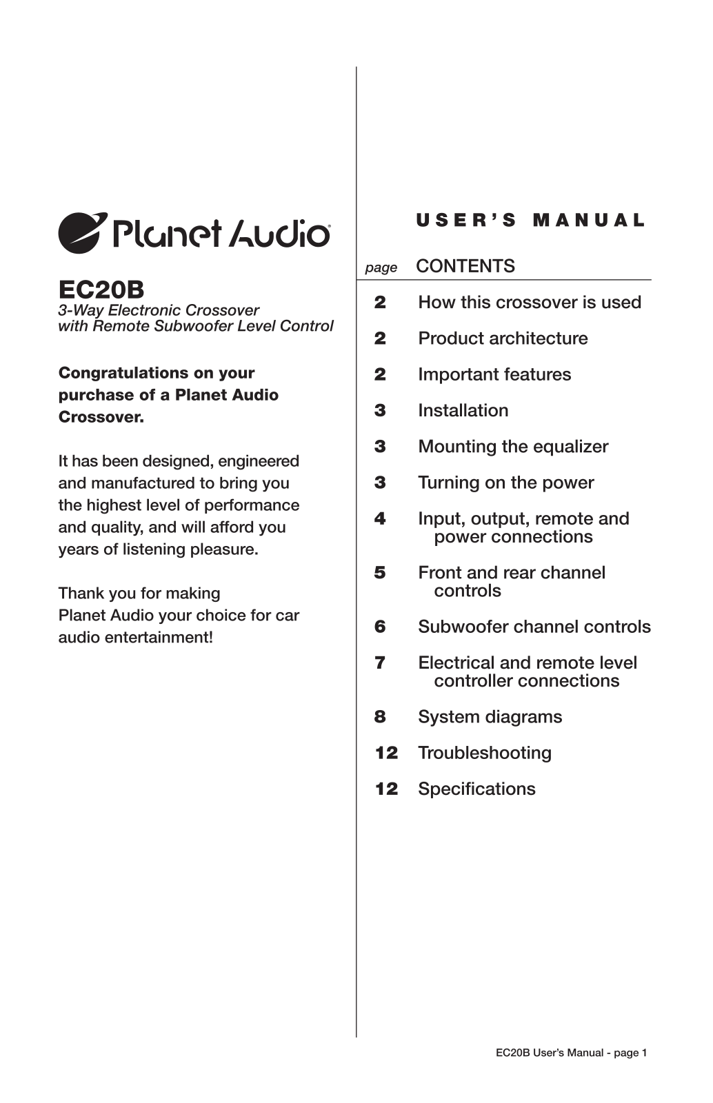 Planet Audio EC20B Users Manual