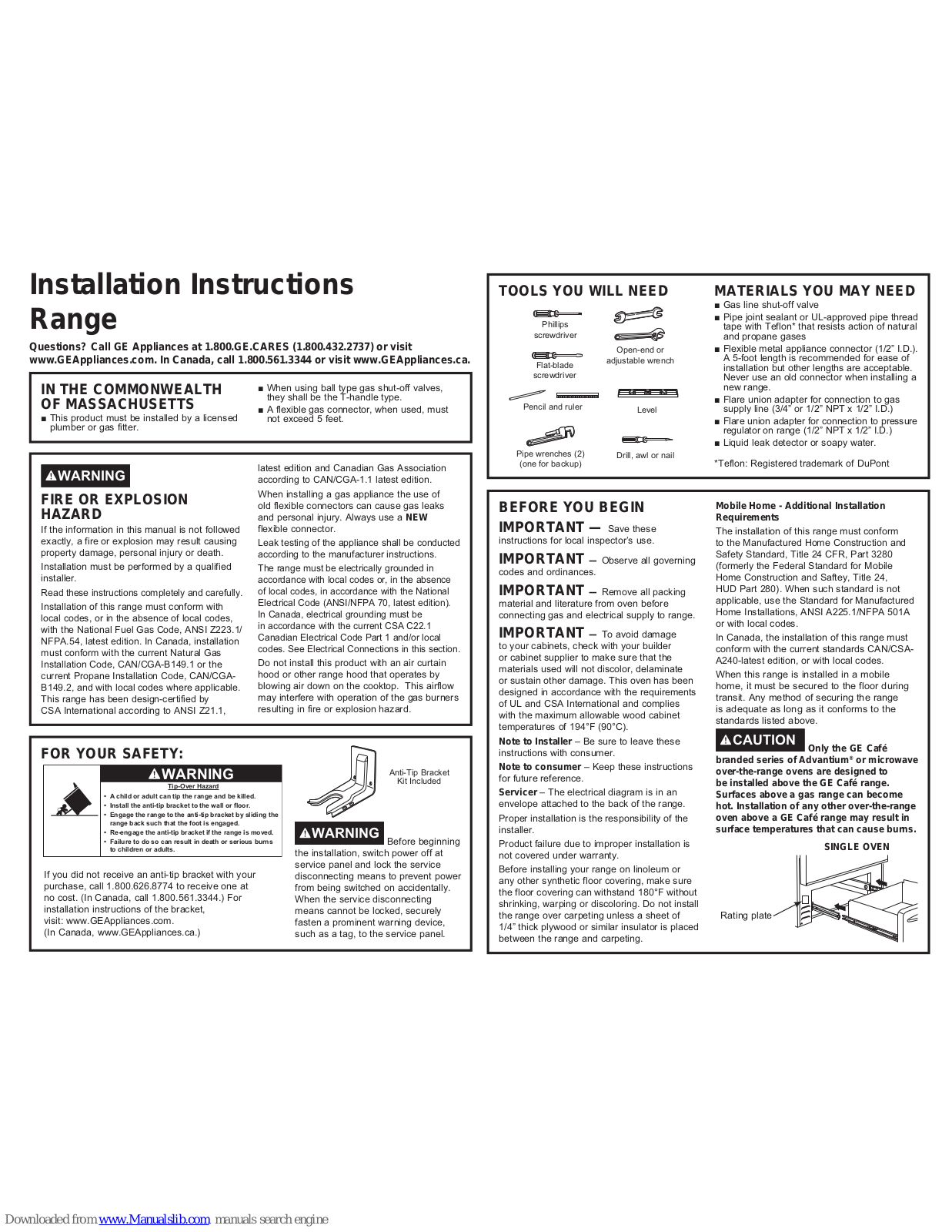 GE JGSS66, PGS930, CGS995 Installation Instructions Manual