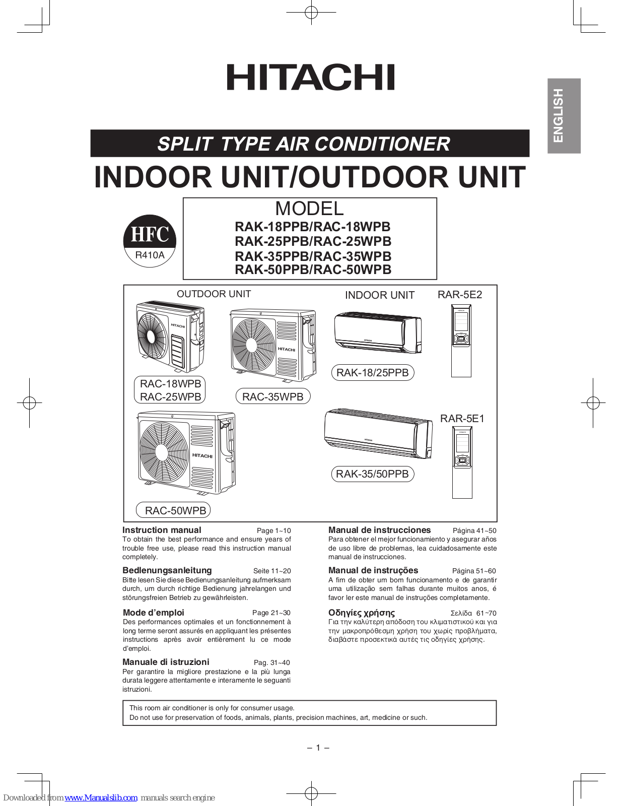 Hitachi RAK-18PPB, RAC-35WPB, RAK-50PPB, RAC-50WPB, RAK-25PPB Instruction Manual