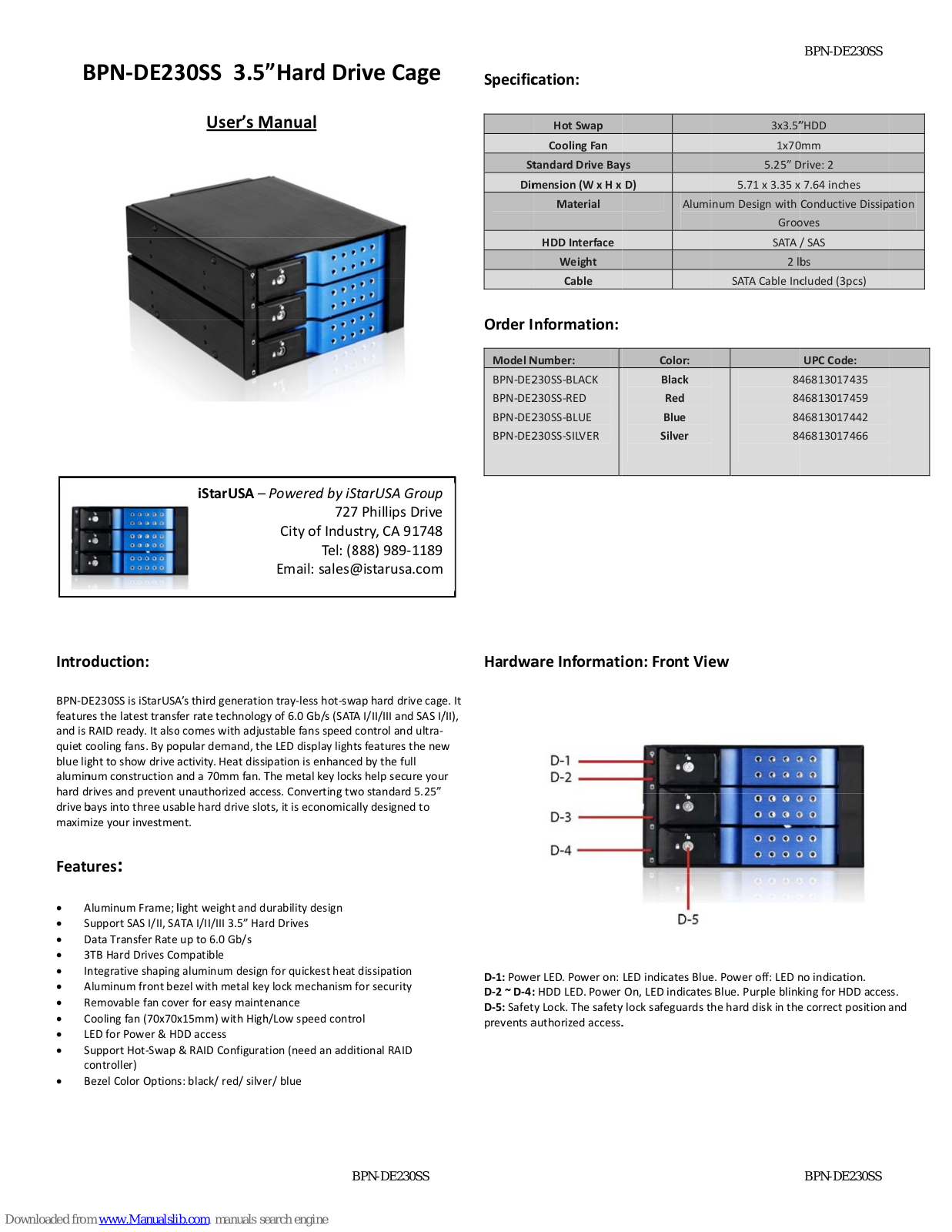 iStarUSA BPN-DE230SS, BPN-DE230SS-BLACK, BPN-DE230SS-RED, BPN-DE230SS-BLUE, BPN-DE230SS-SILVER User Manual