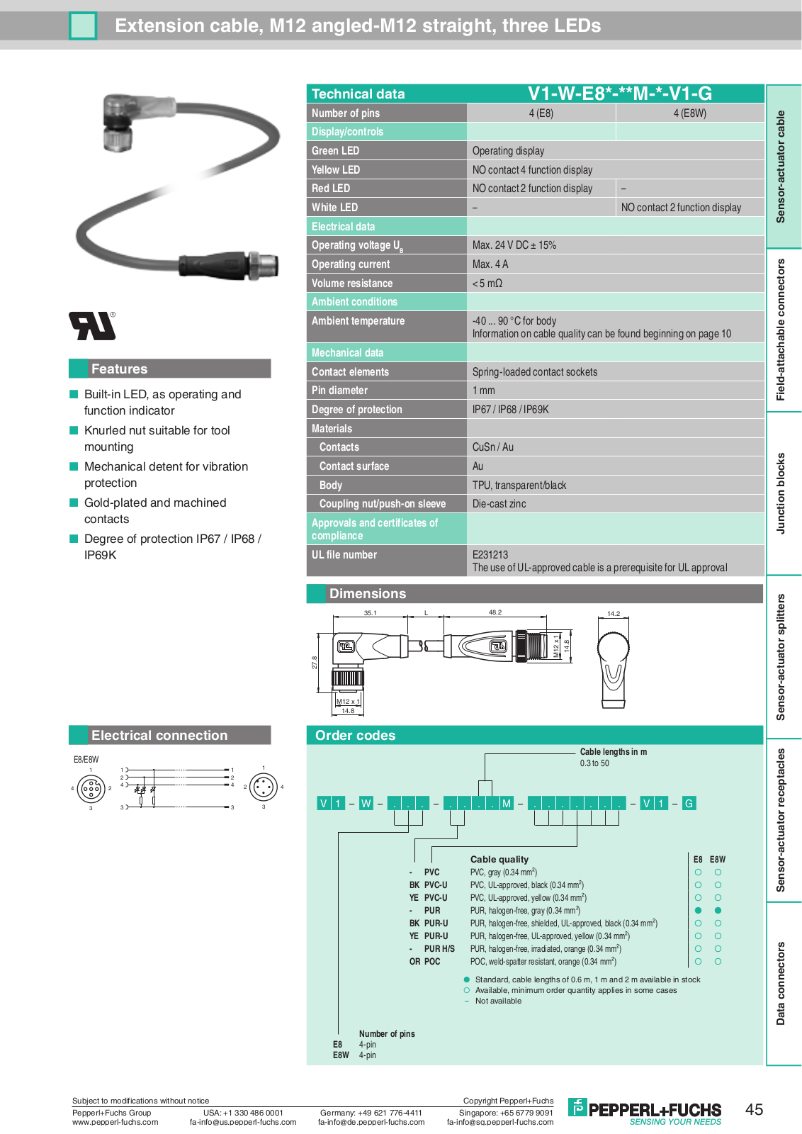 Pepperl Fuchs V1-W-E8-BK1M-PUR-A-V1-G Data Sheet