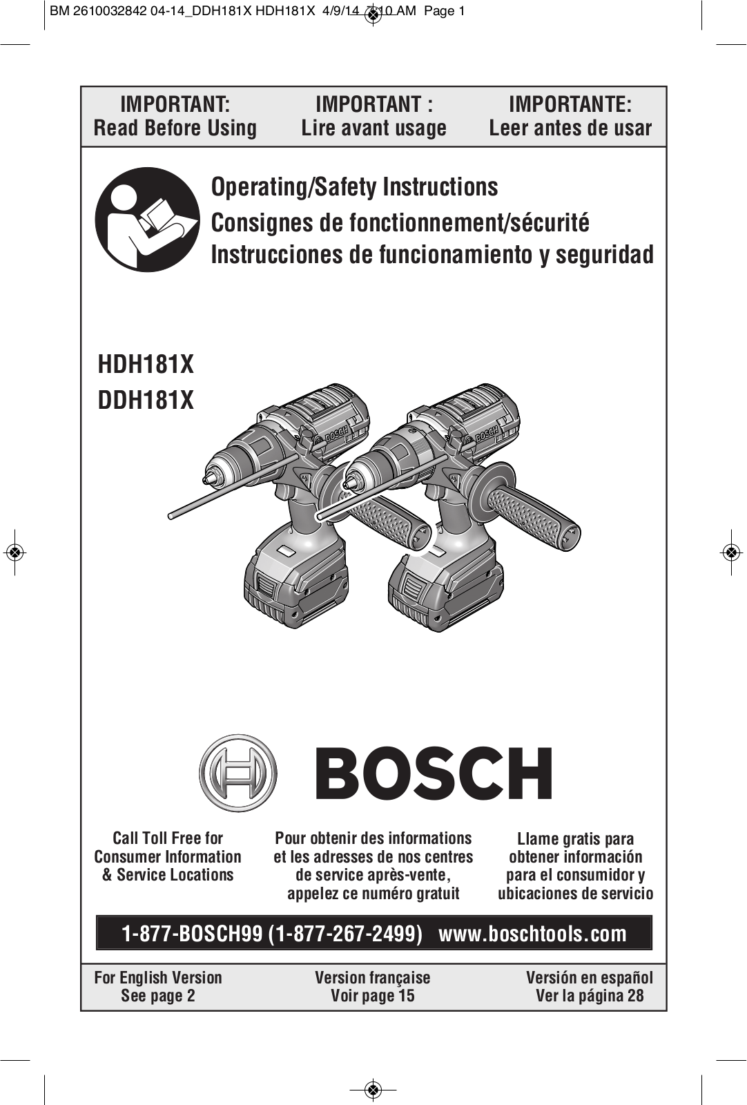 Bosch Power Tools DDH181XBN, DDH181X-01, DDH181XBL, DDH181X-01L User Manual