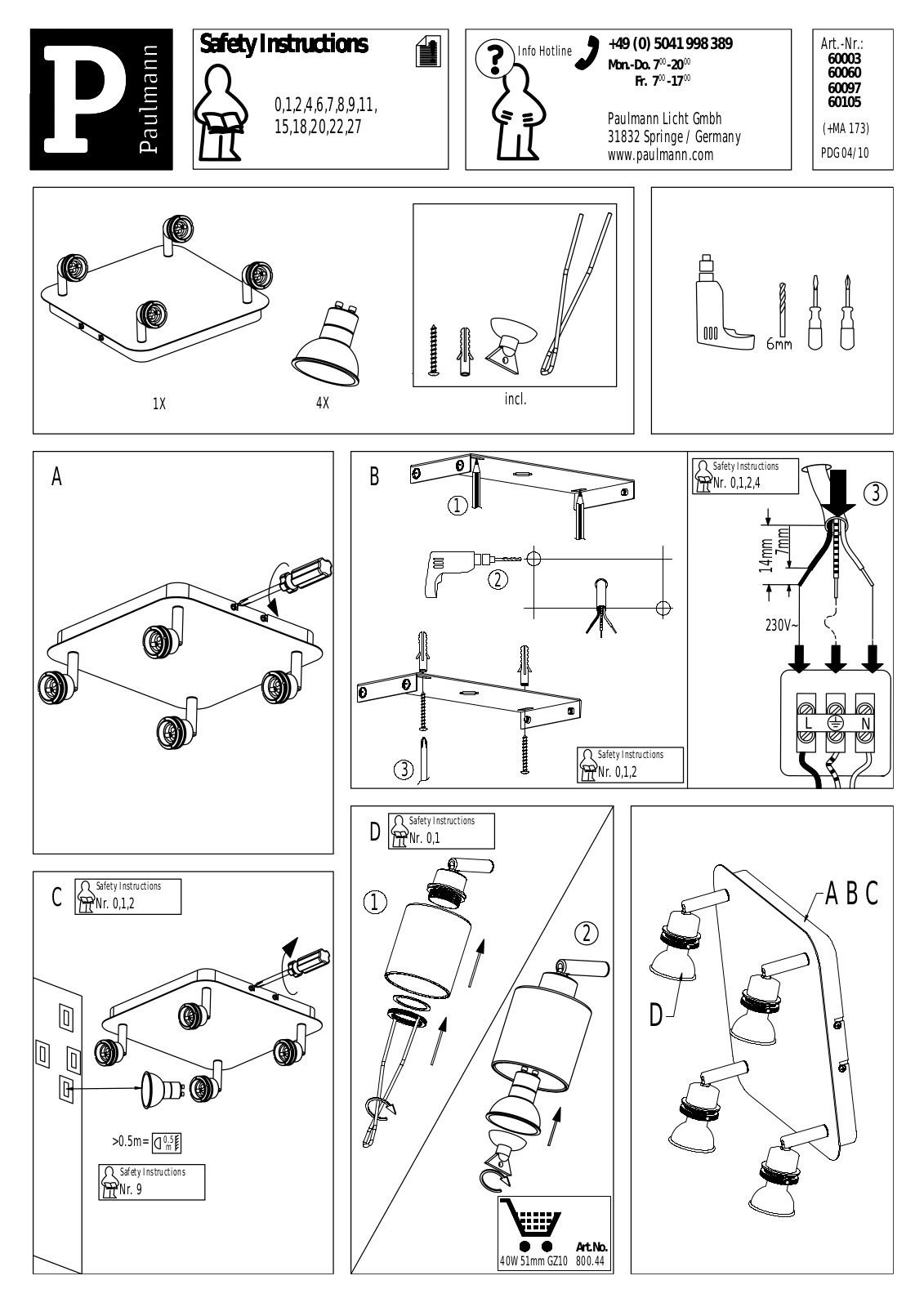 Paulmann 60105, 60003, 60060, 60097 Safety instructions - ManualMachine.com