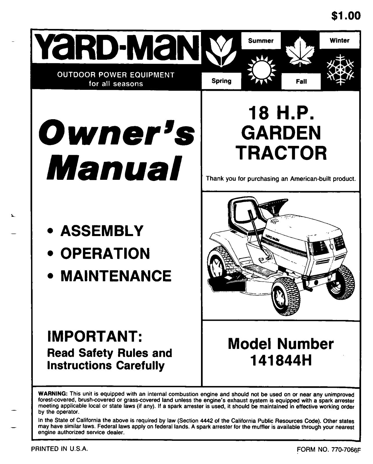 Yard-Man 141844H User Manual