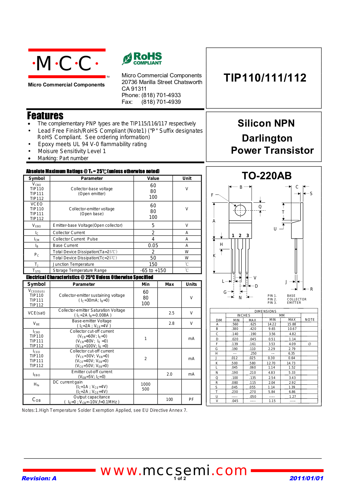Datasheet tip110_tip111_tip112_to-220 Datasheet - ManualMachine.com